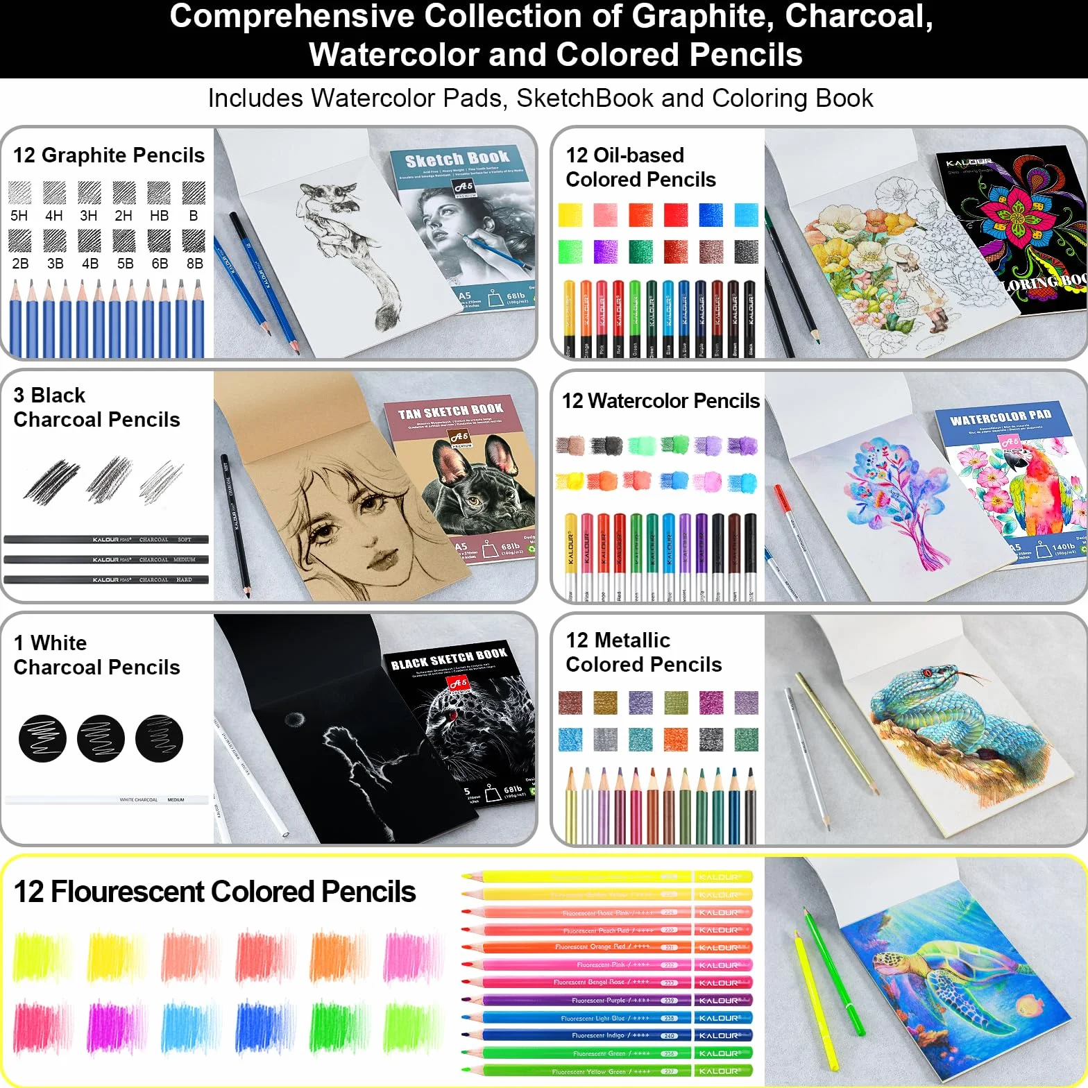 KALOUR PDAS 82 Set da disegno Kit per schizzi, Forniture artistiche professionali con matite fluorescenti, colorate, acquerellabili, metalliche, in grafite, carboncino,5 album da disegno e da colorare