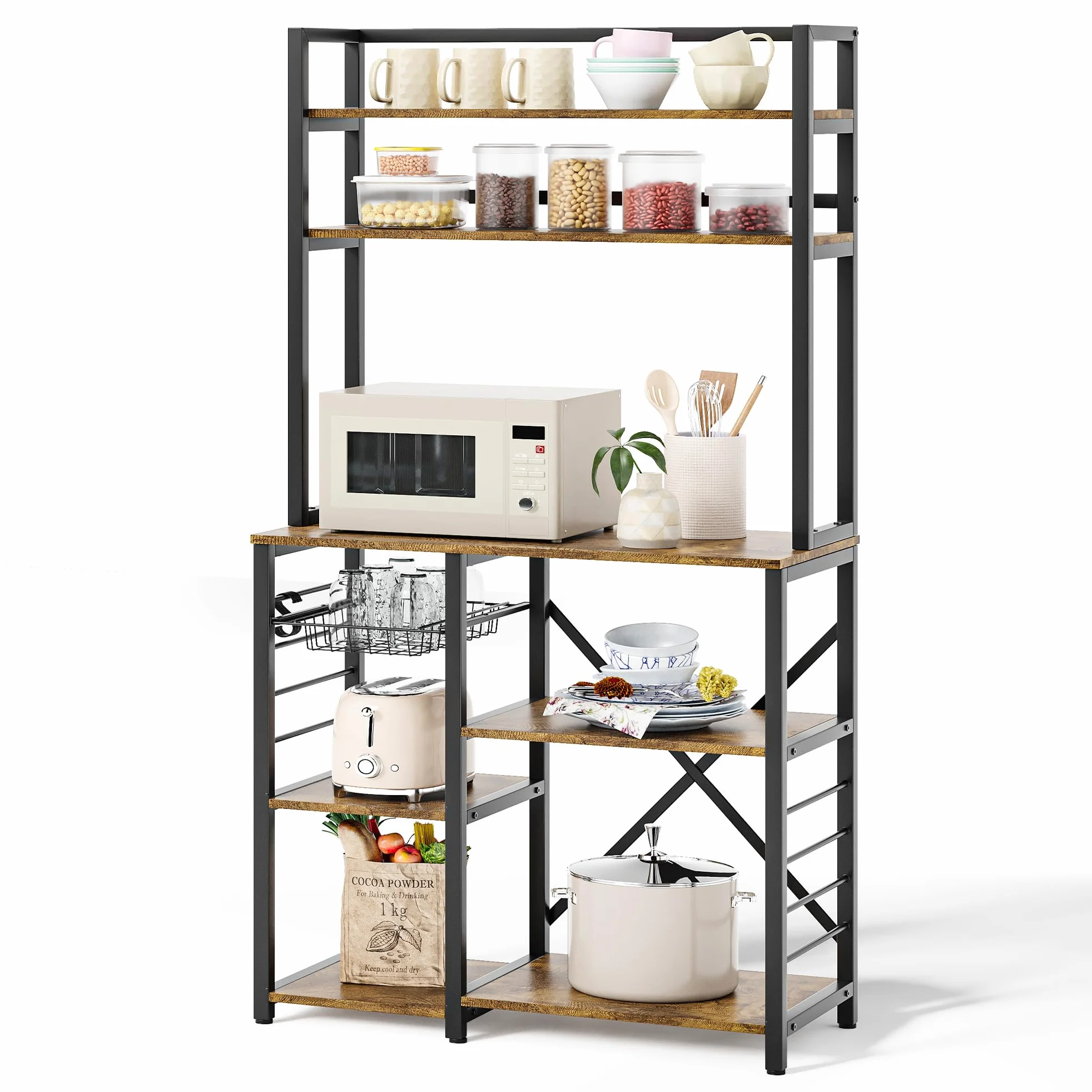 Bealife Scaffale da Cucina per Panetteria, Scaffale a 5 Ripiani con Ganci Laterali e Cestello in Filo, Scaffali in Legno e Metallo, Stile Industriale, 80,5x40,1x169,2 cm (Retro)