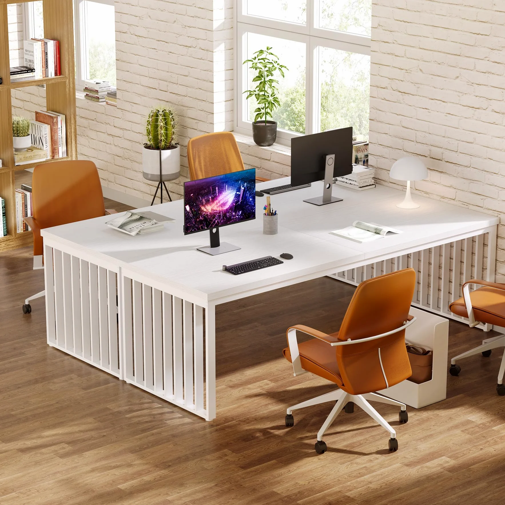 Tribesigns 180 cm scrivania, Grande scrivania per computer tavolo da ufficio con robusta struttura in metallo, postazione di lavoro per ufficio a casa scrivanie, tavolo da conferenza (Bianco)