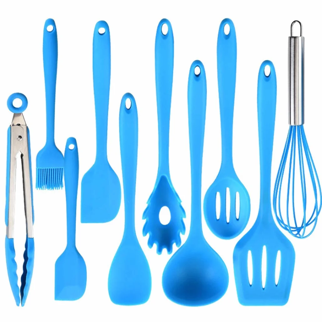 Hoshen, set di 10 utensili da cucina in silicone antiaderenti, 5 colori, stile 10 pezzi, spatola da cucina resistente al calore - Blu