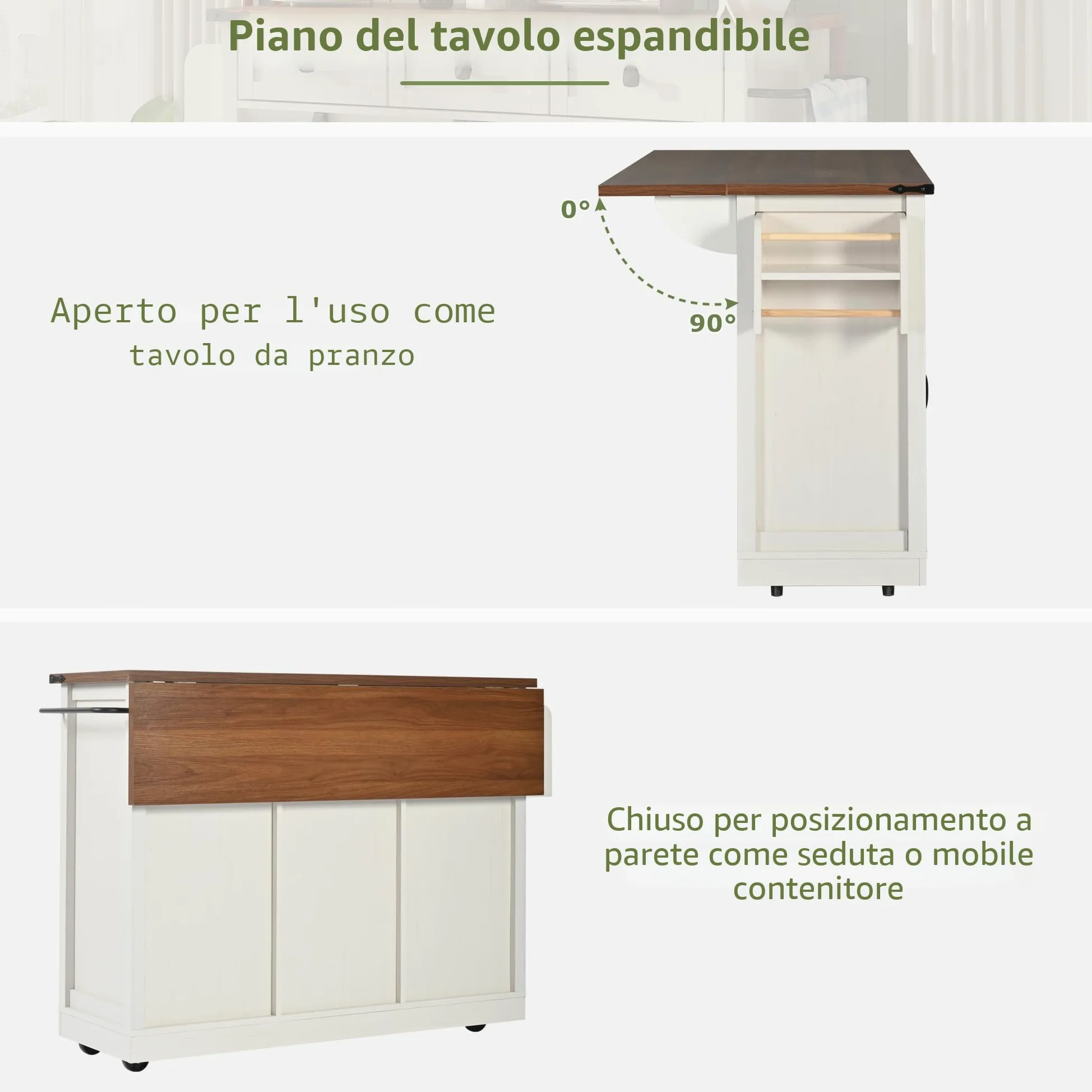 Isola della Cucina, Carrello da Portata Con Piano di Lavoro Estraibile, Su Ruote, Armadio Con Ante e Cassetti (Due Ante+Tre)
