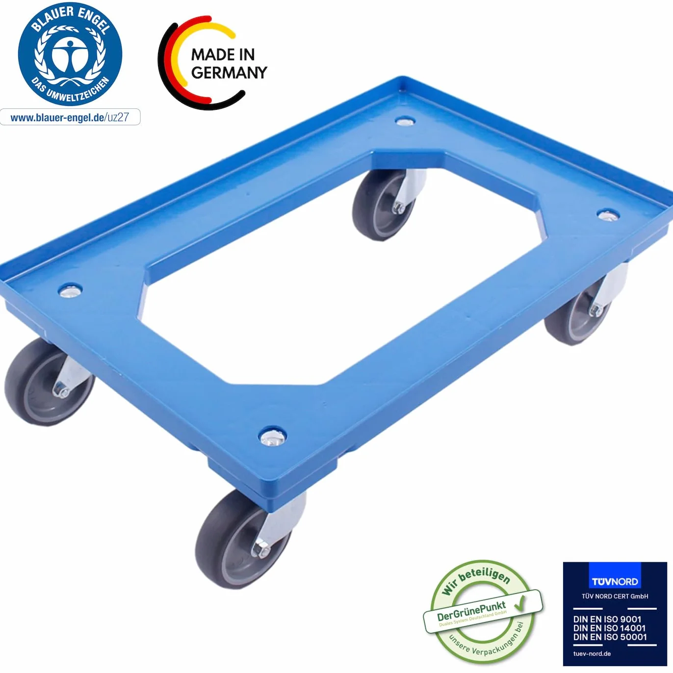 Carrello trasportabile 300 kg 4 ruote girevoli Made in Germany TÜV blu
