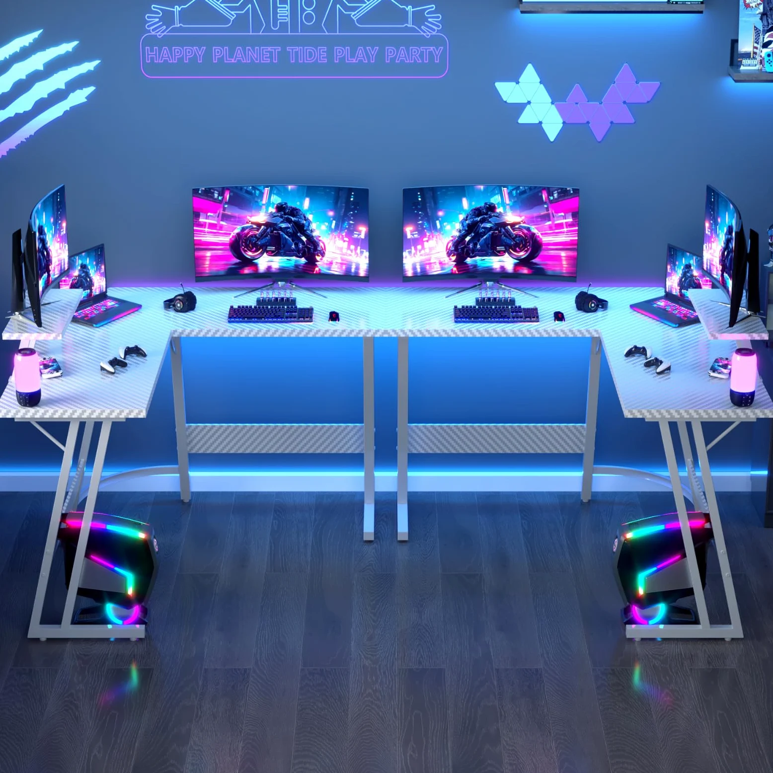JUMMICO Scrivania Angolare, Scrivania Gaming 120x120cm - Tavolo da Gioco a L con Supporto Reversibile per lo Schermo - Versatile (gioco/lavoro/studio) - Rivestita in Carbonio - Bianco