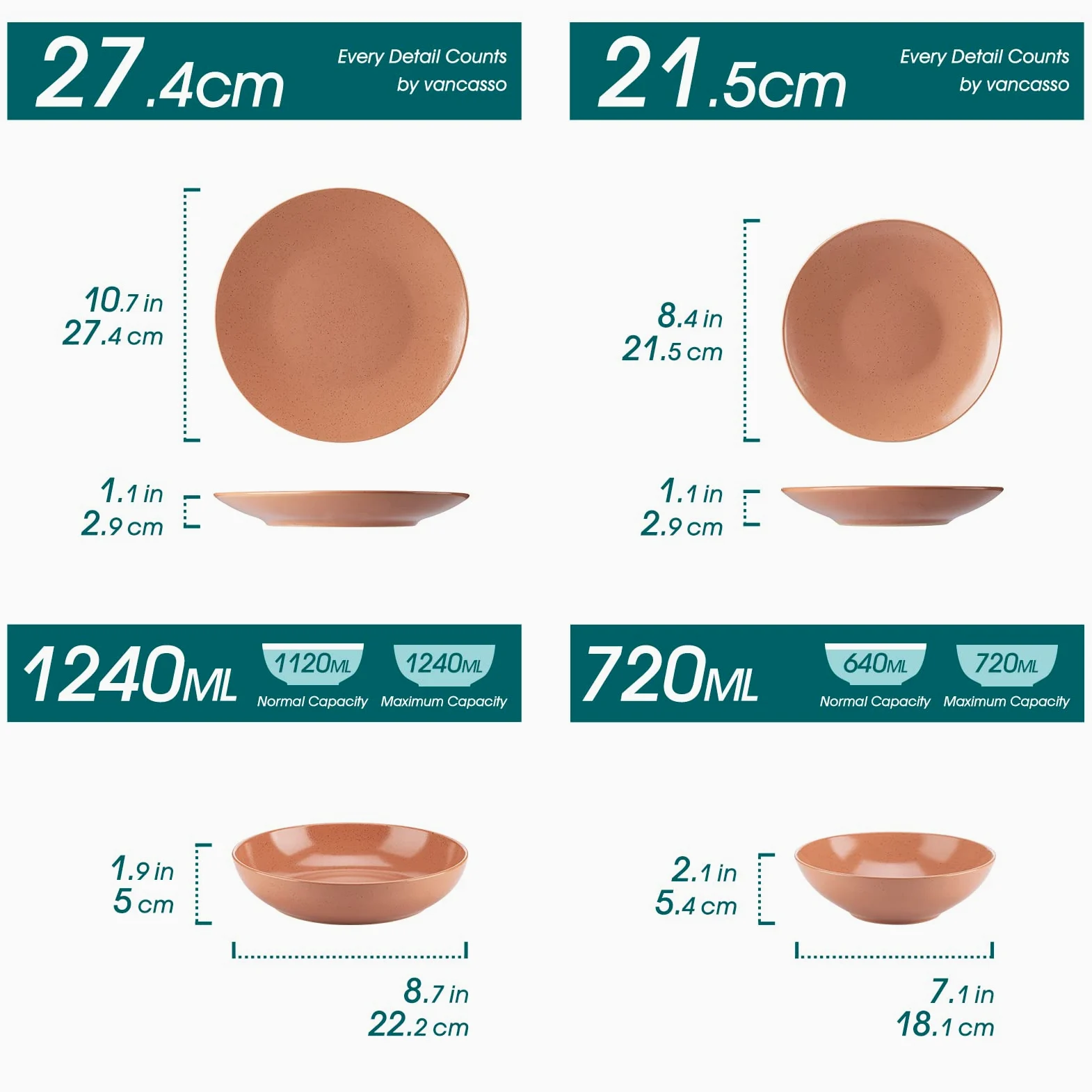 vancasso Sabine Set di stoviglie da 32 pezzi in gres, set di piatti semi-opachi, 8 Piatti Piani, 8 Piatti Dessert, 8 Piatti Fondi e 8 Ciotole Cereali servizio per 8 persone, terracotta