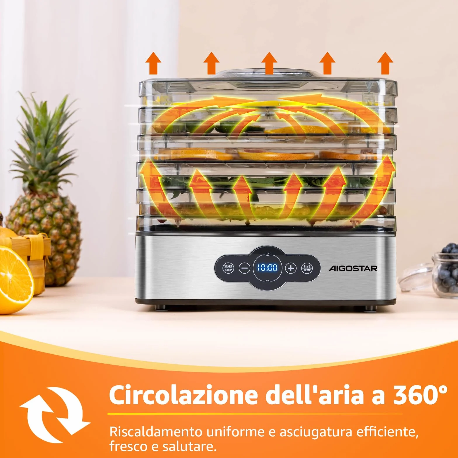 Aigostar Crispy - Essiccatore alimentare, 240W, 5 vassoi, essiccatura automatica, ottimo per frutta, carne, verdura ecc. controlli digitali, impostazione manuale di tempo e temperatura. Senza BPA.