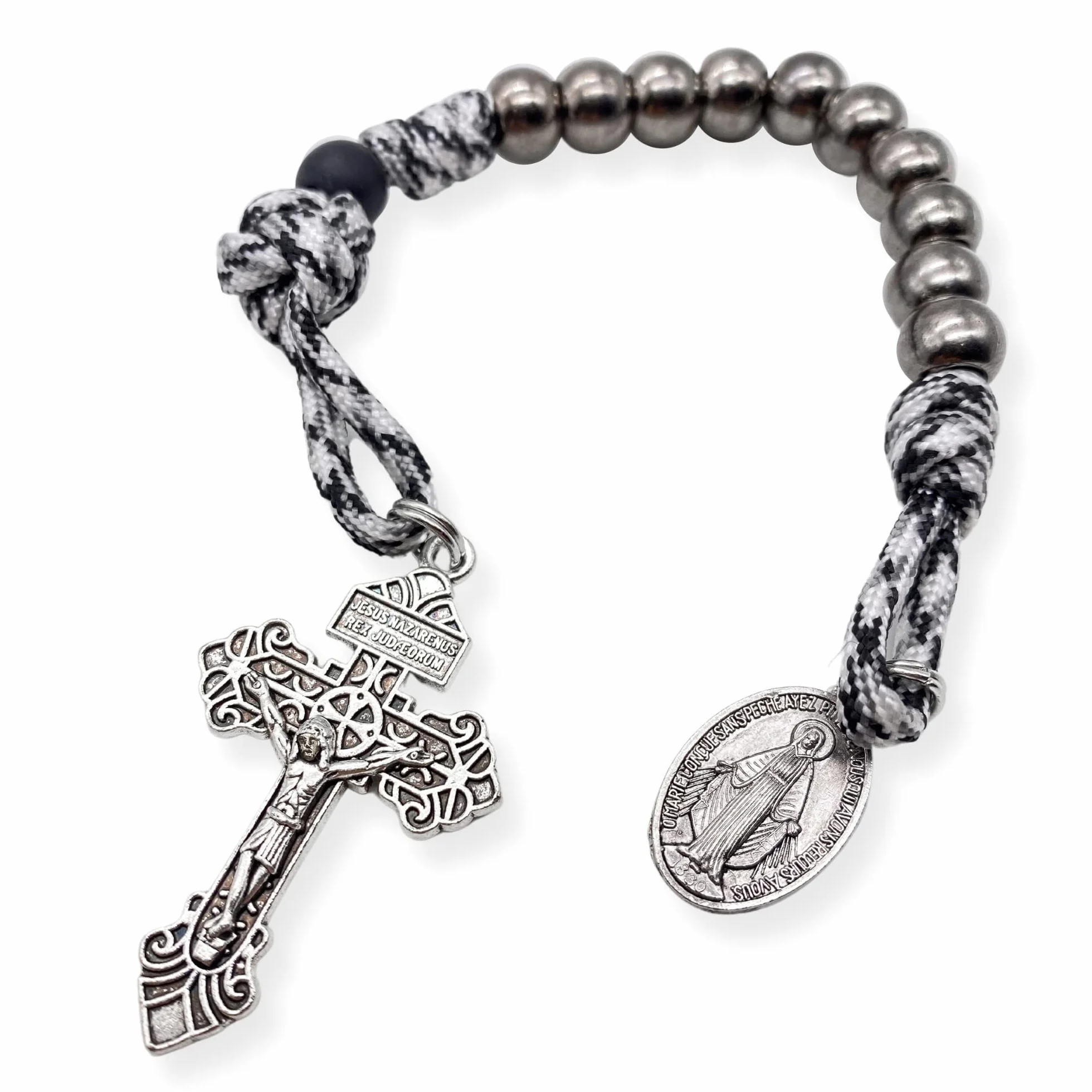 Nazareth Store Rosario di San Benedetto/San Giuseppe con perline in paracord, Rosario da taschino/bracciale a decade miracolosa, con medaglia e croce, 11.22 Inches, Pietra, Vetro