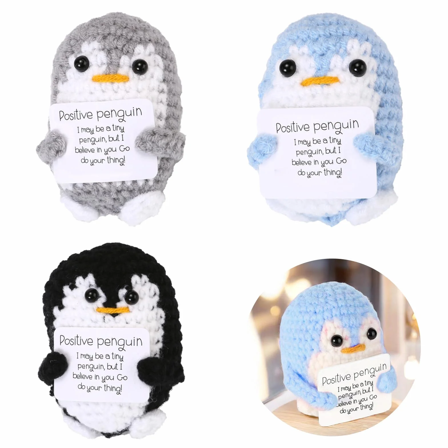 3 Pezzi Mini Divertente Pinguino Positivo, Bambola in Crochet di Supporto Emotivo, Giocattolo Pinguino con Carta Positiva per Incoraggiamento Famiglia Amici Decorazione Festa (2.56 Inch)