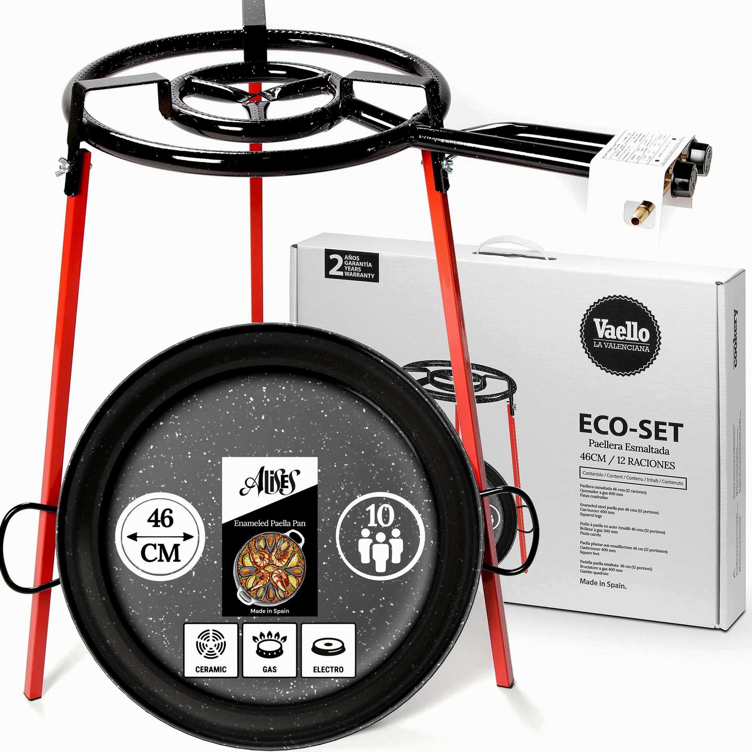 Alises - Set di cottura per paella (Eco-Set) con padella per paella in acciaio smaltato (46 cm) - Doppio bruciatore a gas (40 cm) e treppiede