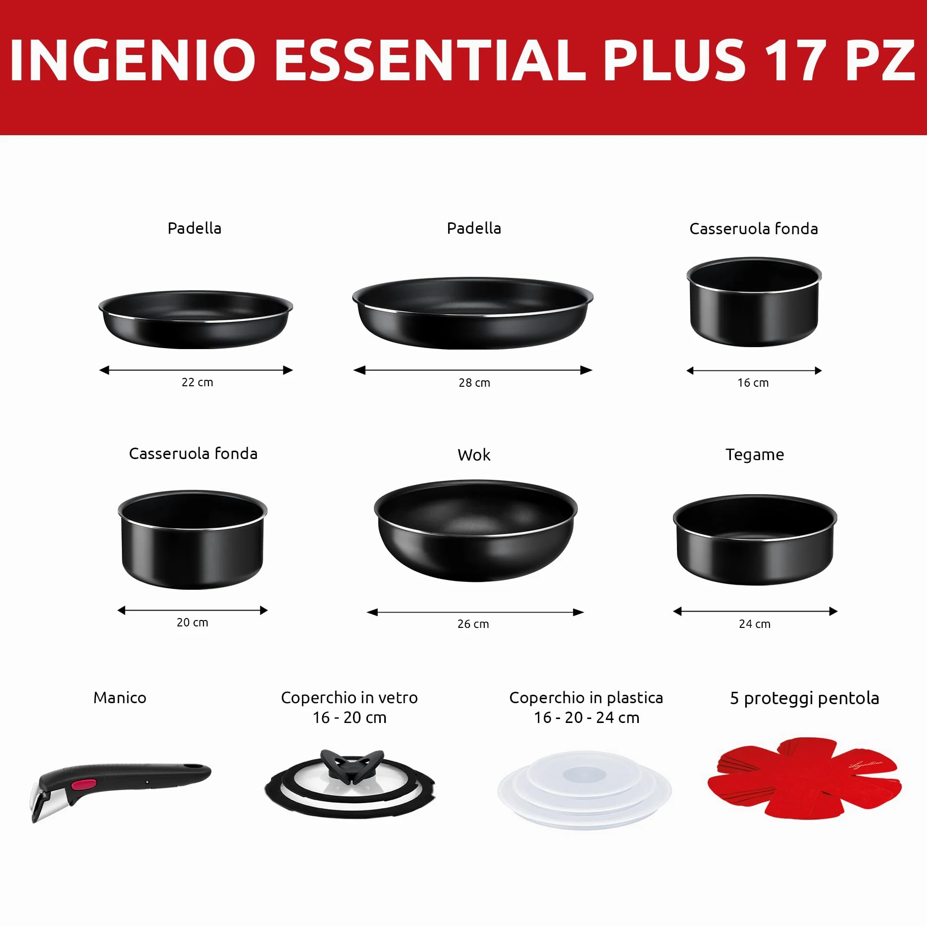 Lagostina Ingenio Essential Plus Batteria di Pentole, Alluminio per Gas e Forno, 17 Pezzi & Ingenio Smart Spatola con Inserto antiscivolo, Plastica e silicone, Nero e Rosso