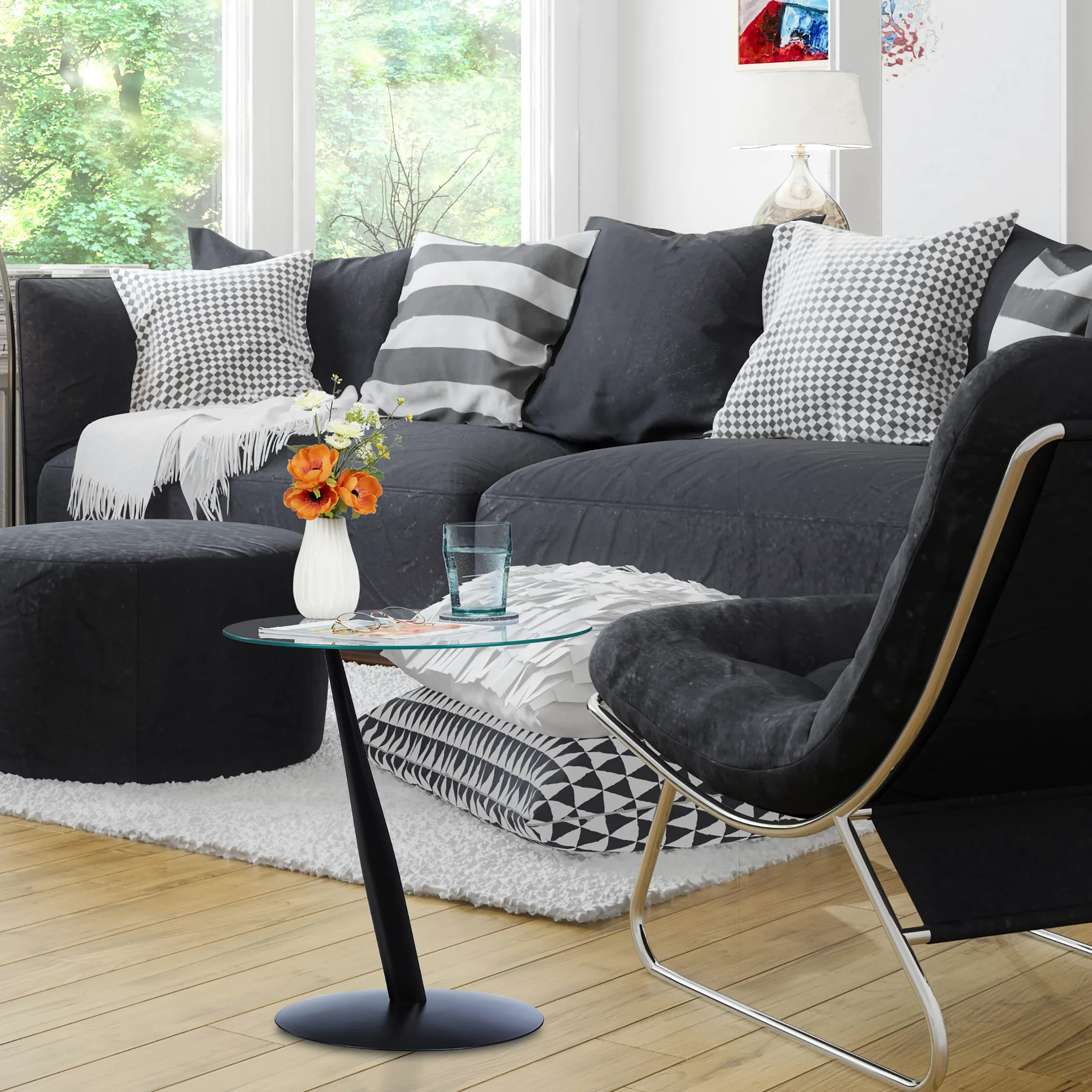 Relaxdays Tavolino da Salotto, Rotondo, Base in Acciaio, Ripiano in Vetro, HD 49x45 cm, Design Moderno, Nero/Trasparente