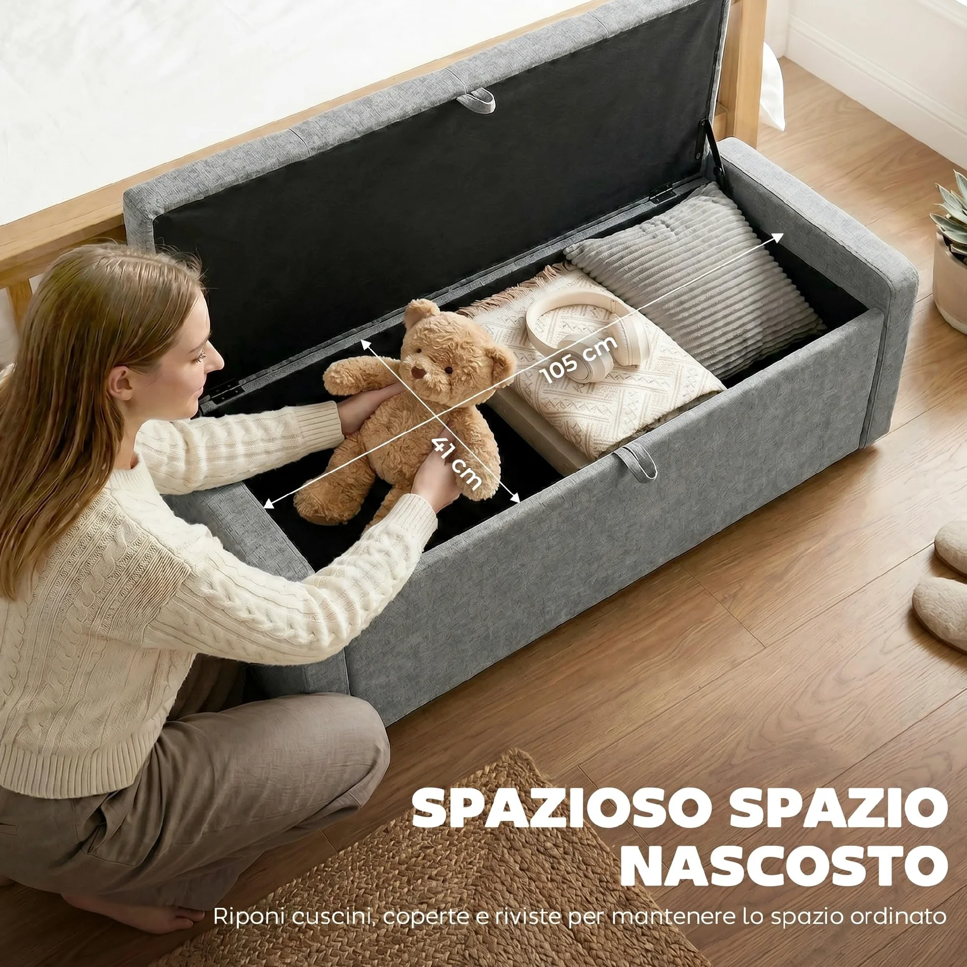 HOMCOM Cassapanca 142L Pouf Contenitore Poggiapiedi Grande 122x48x44cm, Seduta Imbottita 2 Posti, Panca Contenitore Effetto Lino, Struttura in Legno, 200 kg, Camera da Letto, Soggiorno