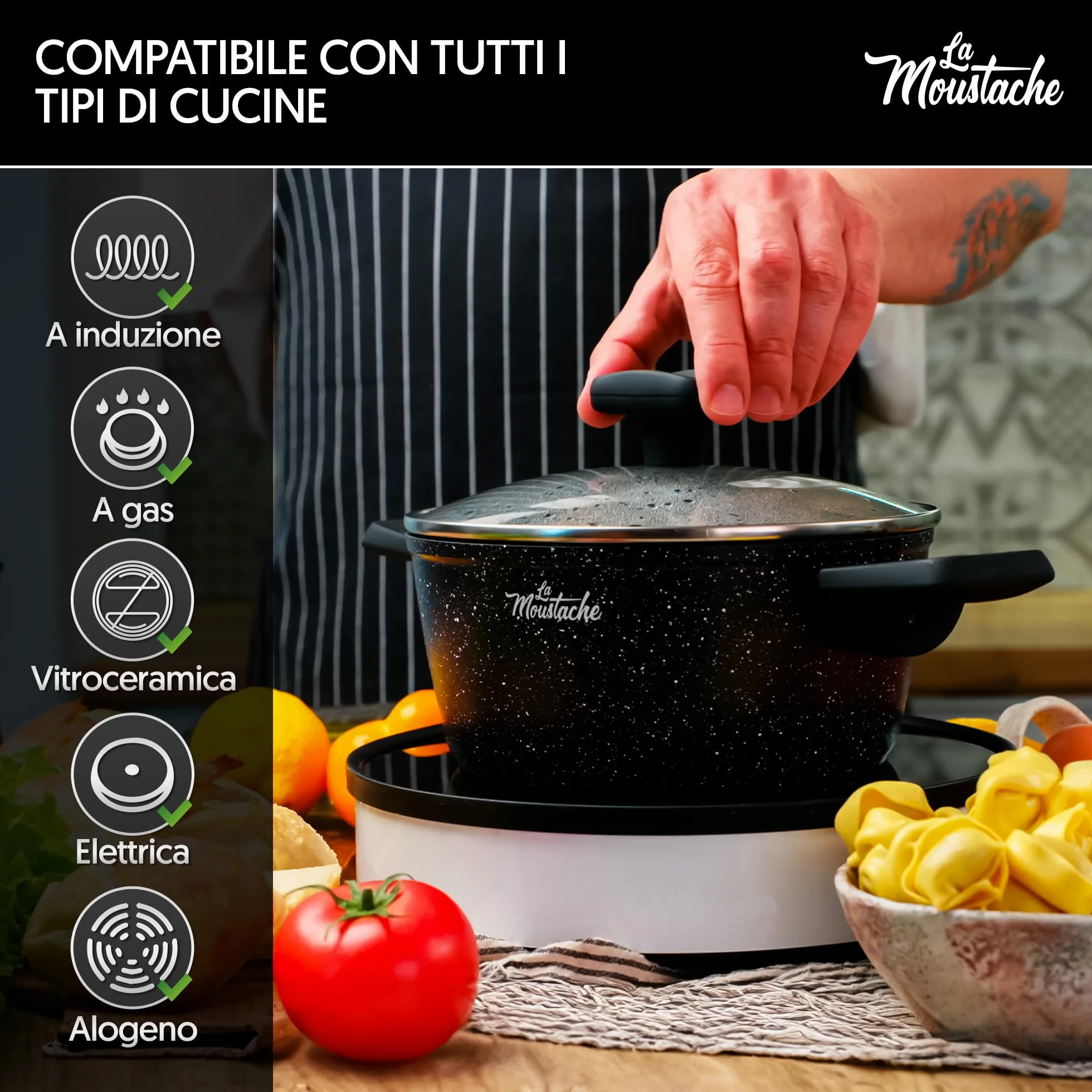 La Moustache Batteria di Pentole 8 Pezzi a Induzione in Alluminio Antiaderente Set Casseruole Coperchi Padelle Manici Bakelite Onix