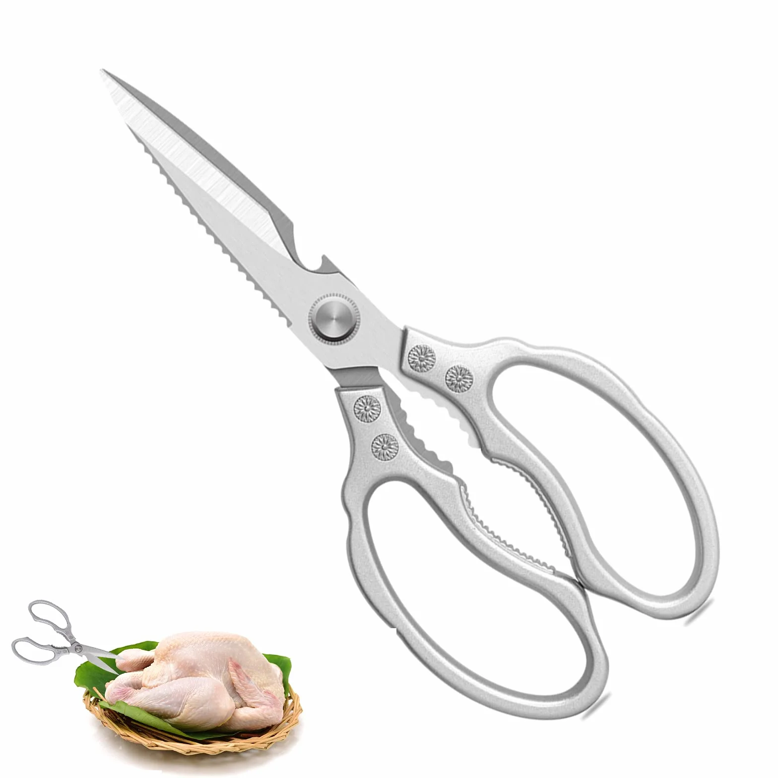 Forbici da Cucina Resistenti,5 in 1 Trinciapollo Multifunzionali in Acciaio Inox,25cm Impugnatura Ergonomica e lame in titanio,per Casa Uso,Osso di Pollo,Carne,Verdura,Pollame,Pesce,Erbe,Noci,Argento