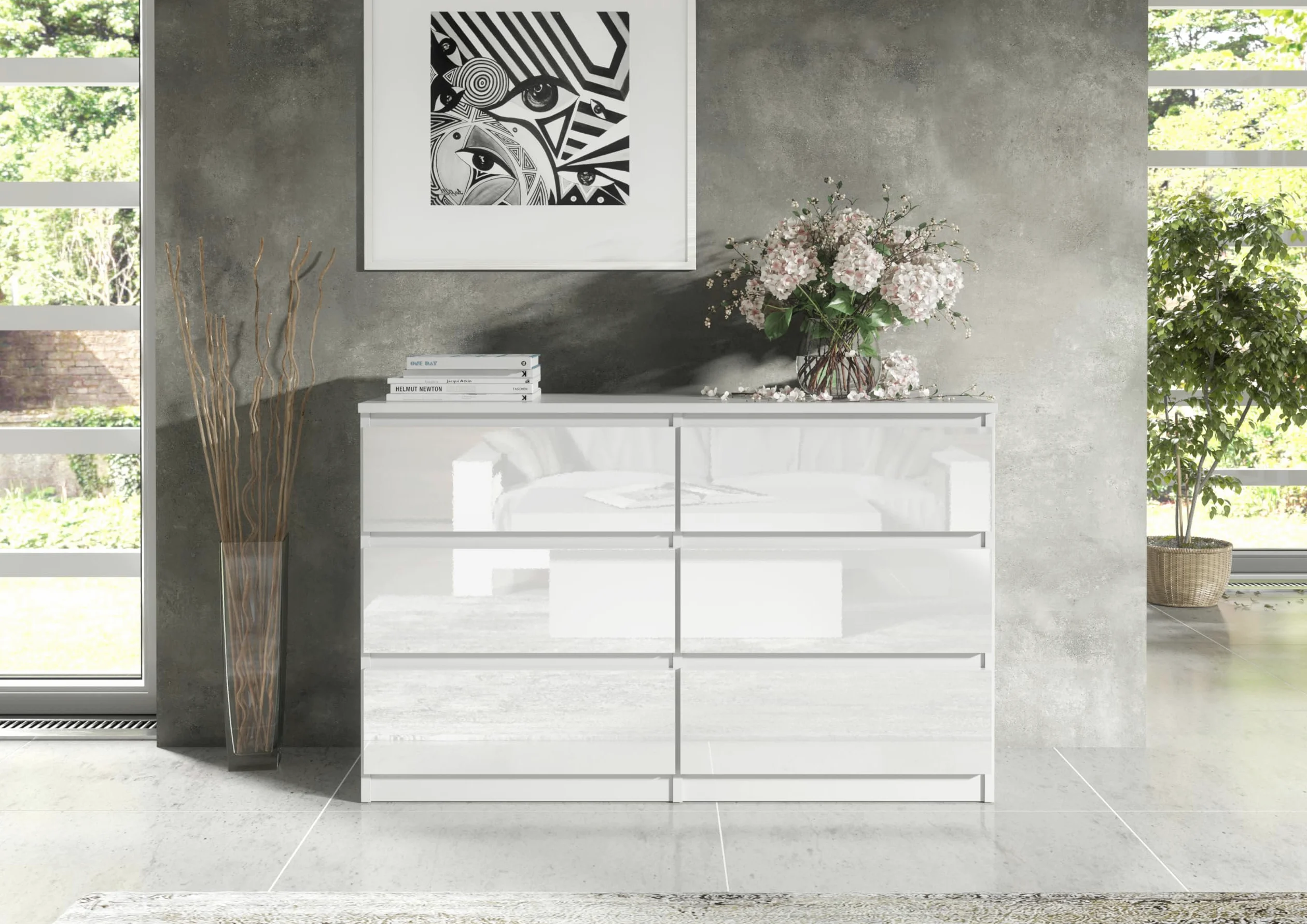 meble masztalerz Cassettiera Camera da Letto con 6 Cassetti - Credenza Soggiorno - Moderna Comò - Cassettiera Alta - Mobiletto con Cassetti - Bianco con Frontale Lucido 120 x 39 x 78,5 cm