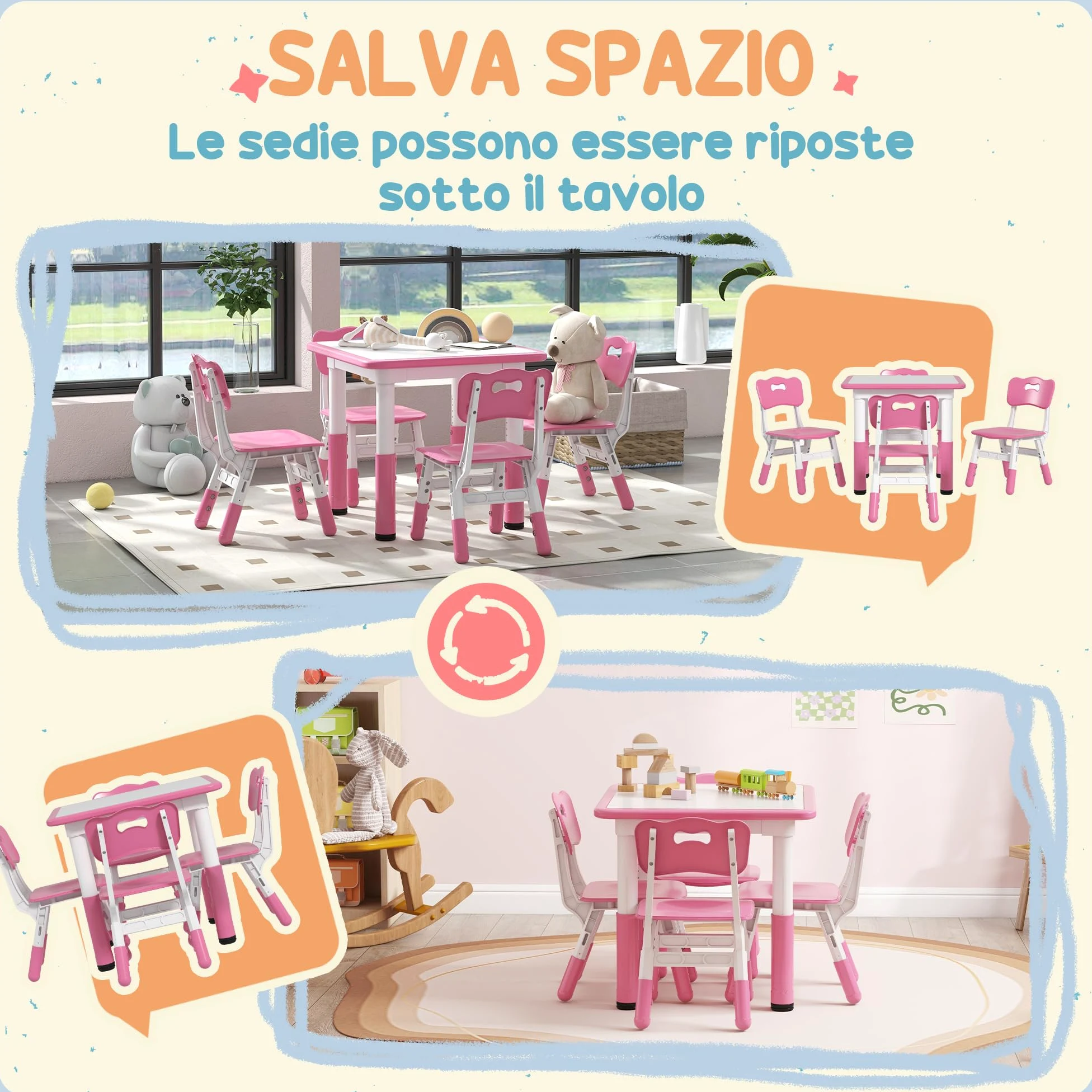 AIYAPLAY Set Tavolino e Sedie per Bambini 18-60 Mesi, Design Salvaspazio, Altezza Regolabile, Tavolo per Bambini con Lavagna per Cameretta, in Legno e PP, per 4 Bambini, Rosa