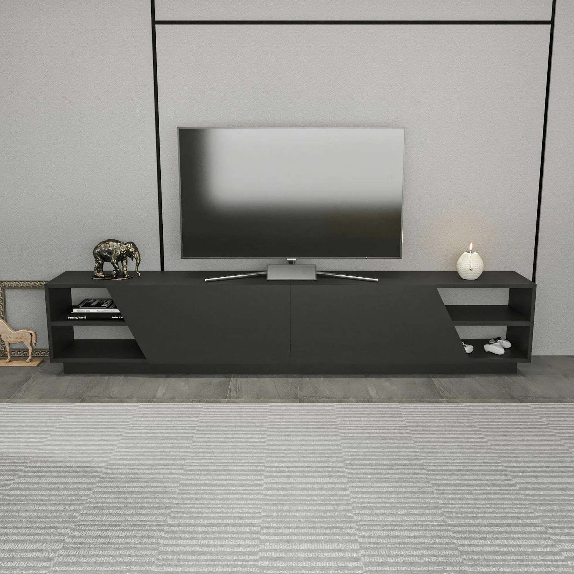 Dmora - Mobile porta TV Nyx, Credenza da soggiorno, Armadio basso per TV, Base parete attrezzata, 240x37h47 cm, Antracite