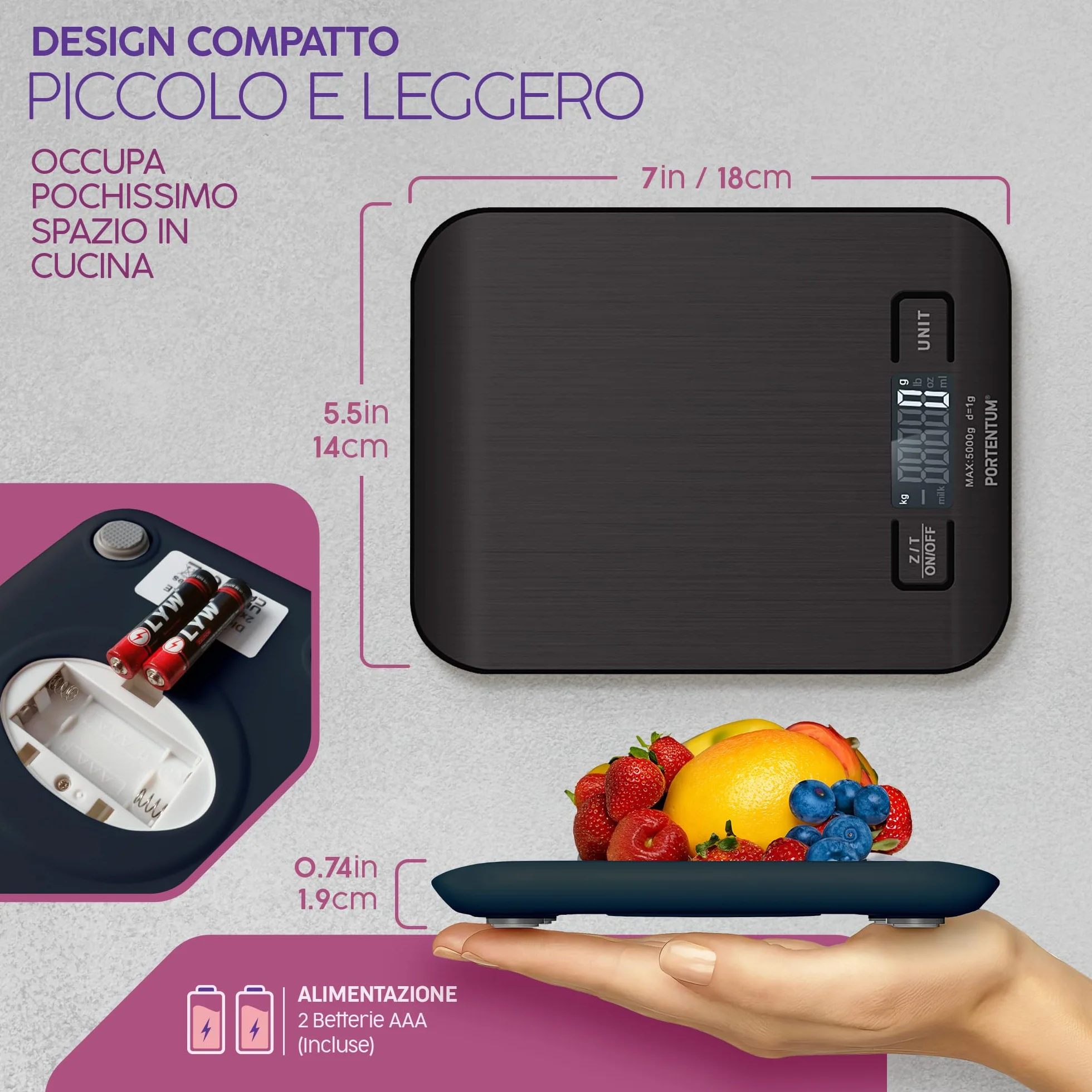 PORTENTUM Bilancia da Cucina Acciaio Inossidabile 5 kg LCD, Nero