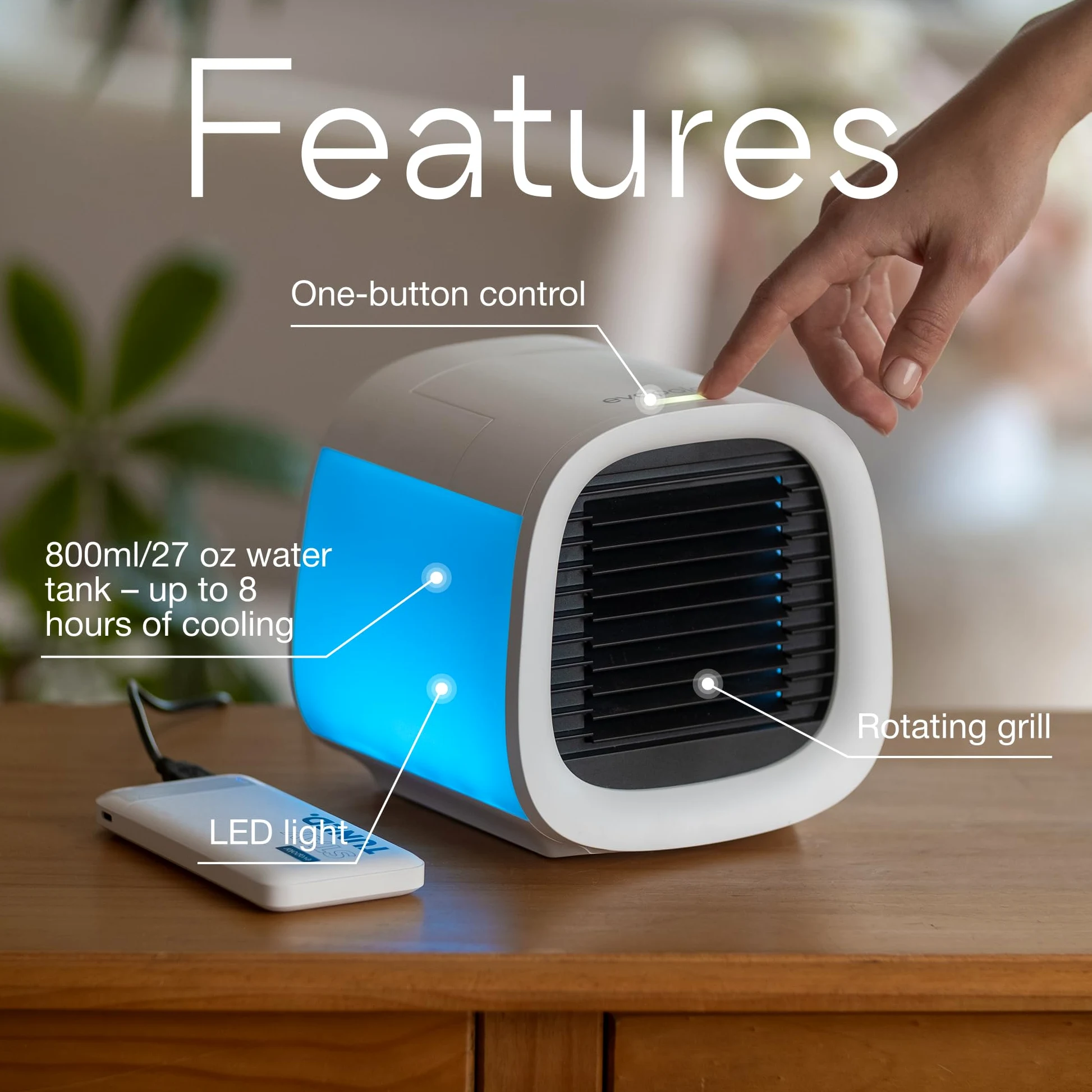 Evapolar evaCHILL - Raffreddatore d'aria e umidificatore portatile, ventola di raffreddamento da tavolo, per casa e ufficio, con connettività USB e luce LED integrata, grigio urbano, piccolo