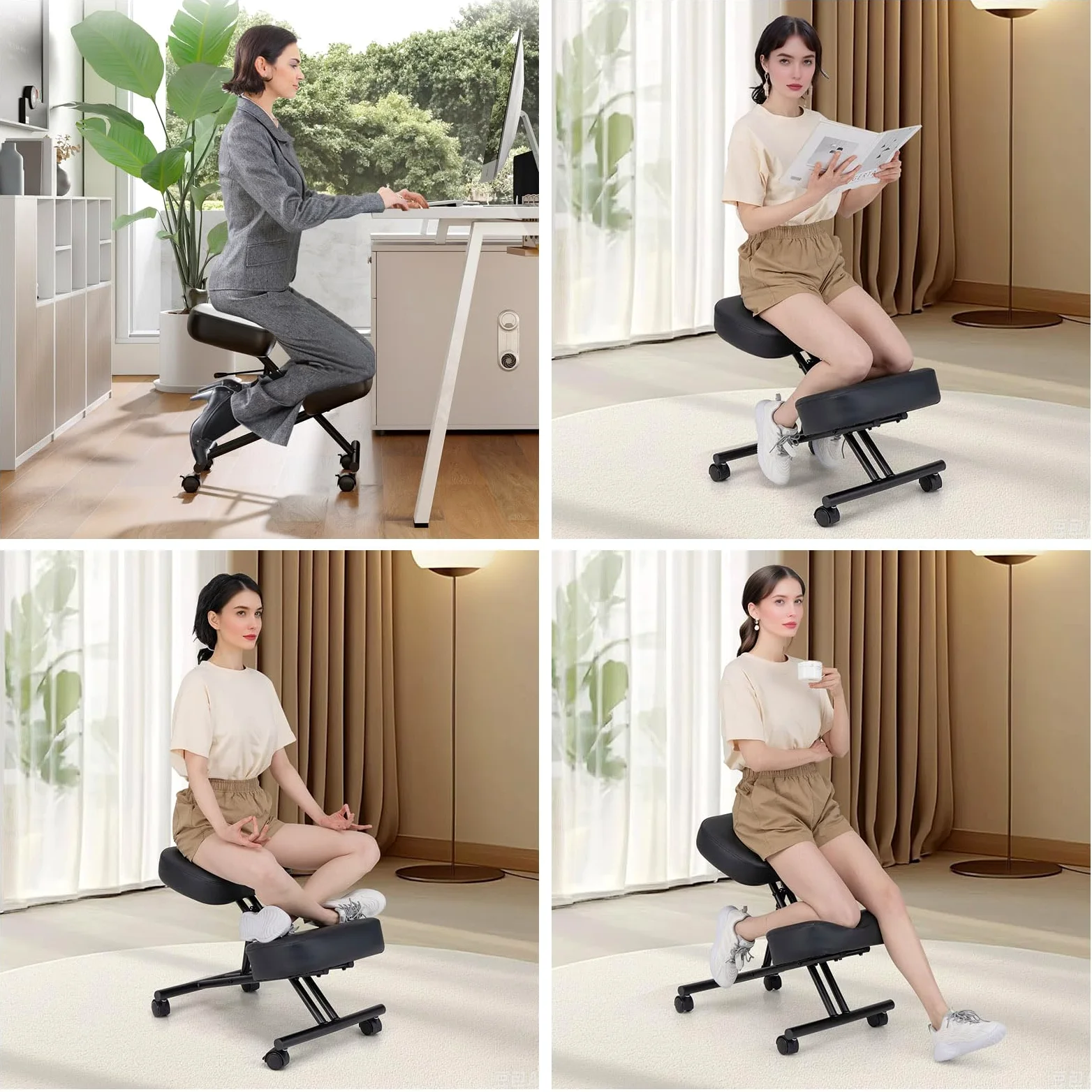 RELAX4LIFE Sedia a Ginocchio, Sedia Ergonomica a Ginocchio Regolabile in Altezza, Sgabello Imbottito da Ufficio con Ruote Universali Bloccabili, Ufficio, Home Office (72 x 46 x 68 cm)