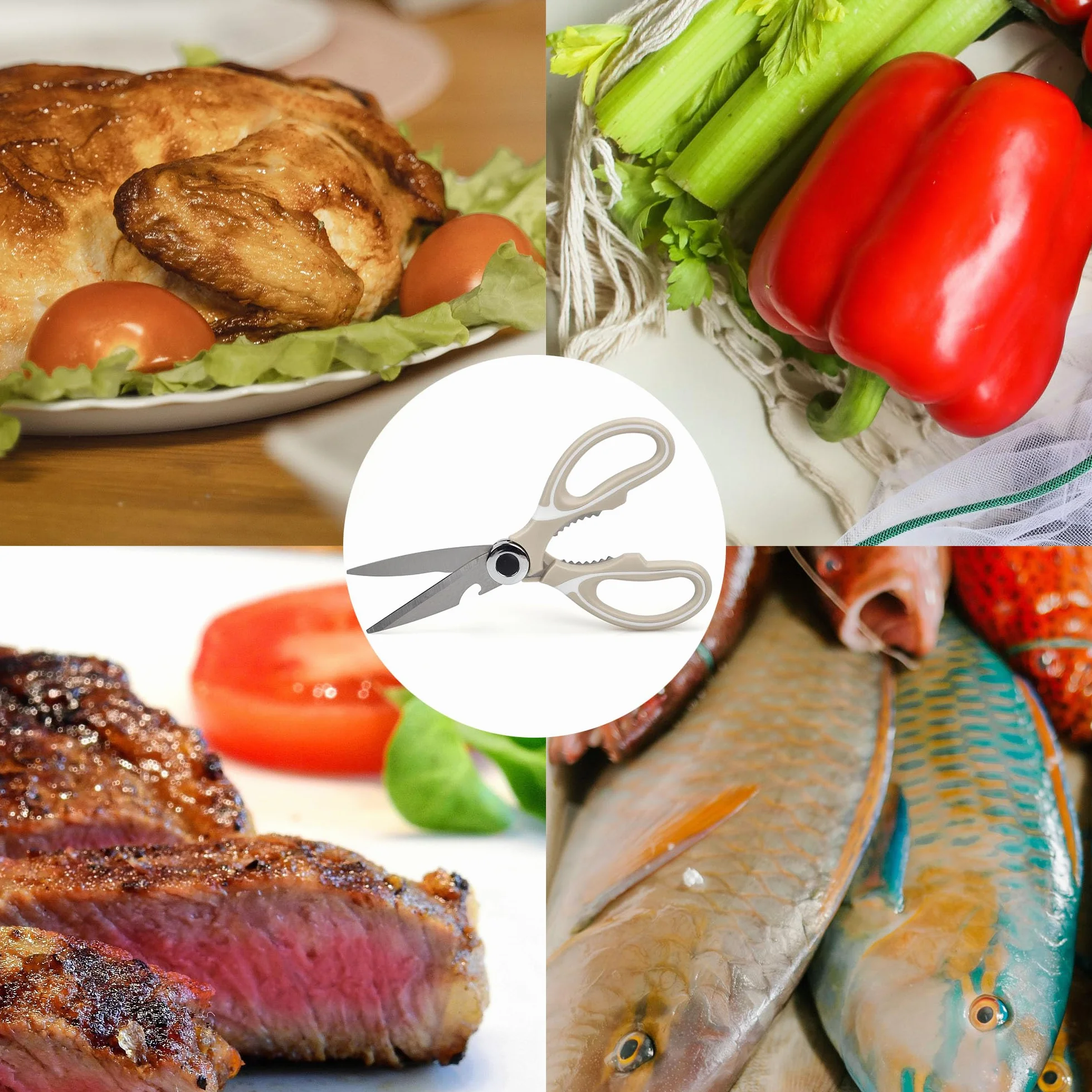 Forbici Cucina, Forbici da Cucina Multiuso Professionali, Inox Trinciapollo, Forbici conCoprilama per Pollo, Pollame, Pesce, Carne, Verdure, Erbe e Barbecue (Cachi)