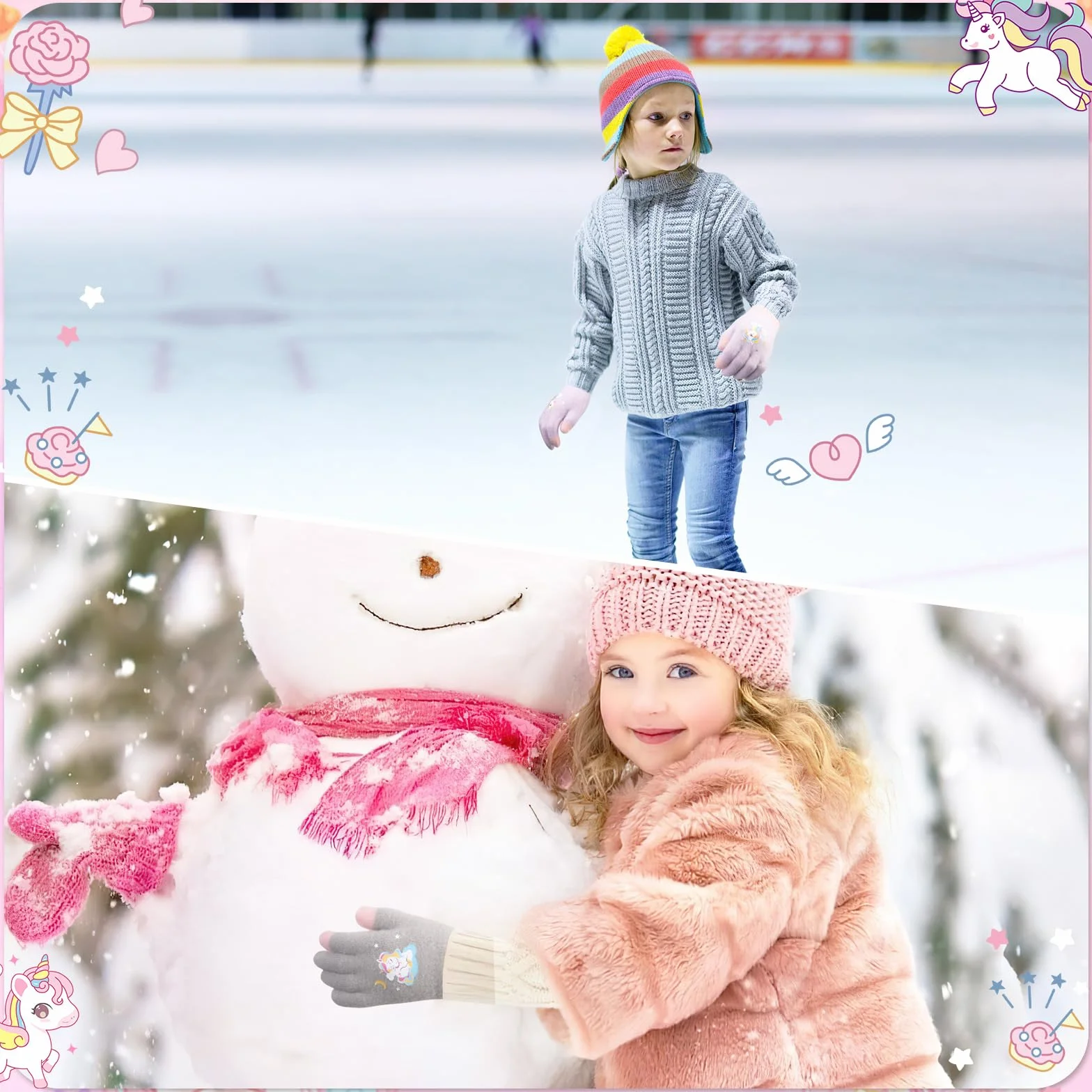 Guanti caldi in maglia per bambini, morbidi guanti termici elasticizzati invernali, muffole a dita intere con unicorno