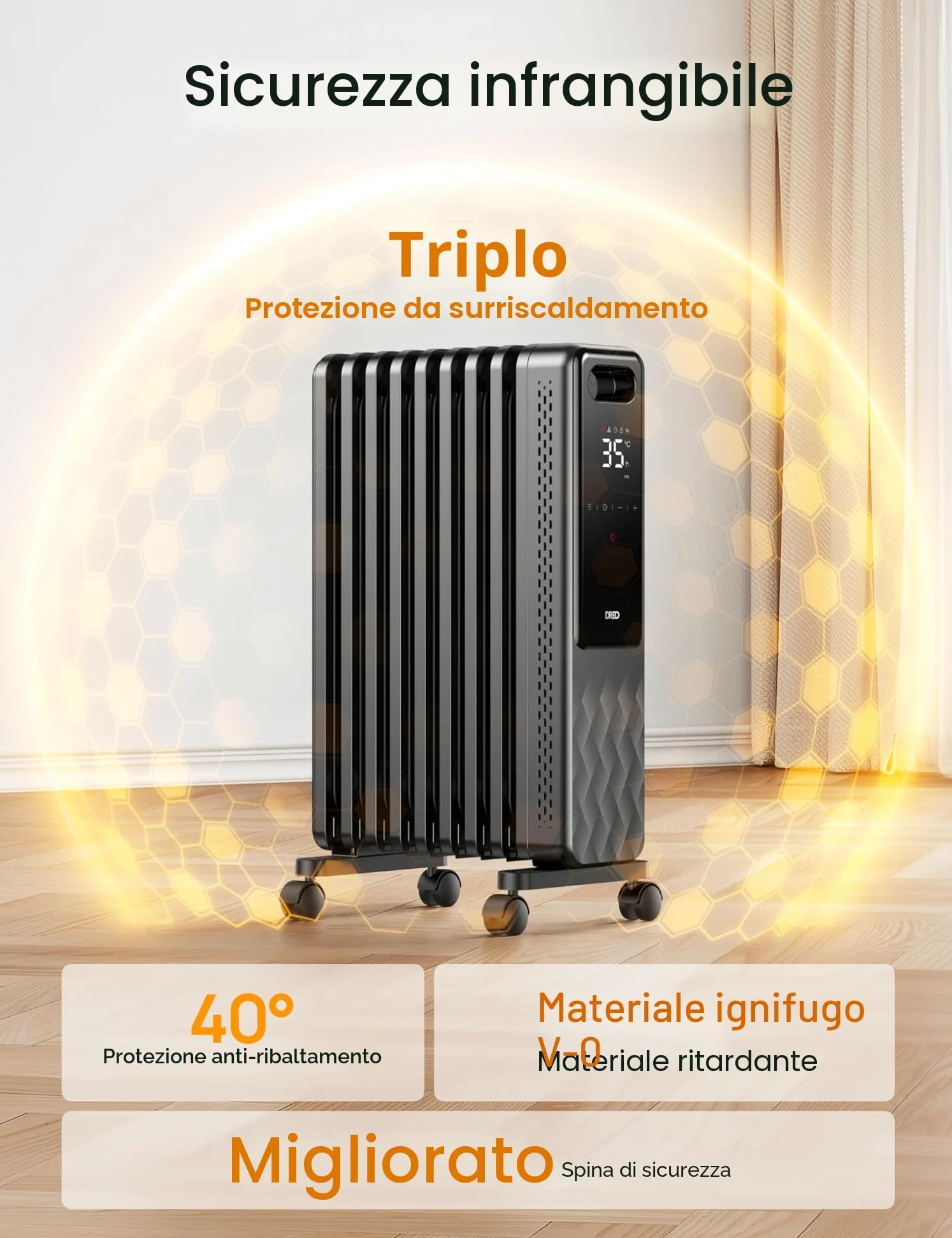 Dreo OH310 - Radiatore ad olio a risparmio energetico, 2000 W, con 9 nervature con telecomando, 3 livelli di riscaldamento, 4 modalità, timer 24 ore, protezione contro il surriscaldamento, radiatori,