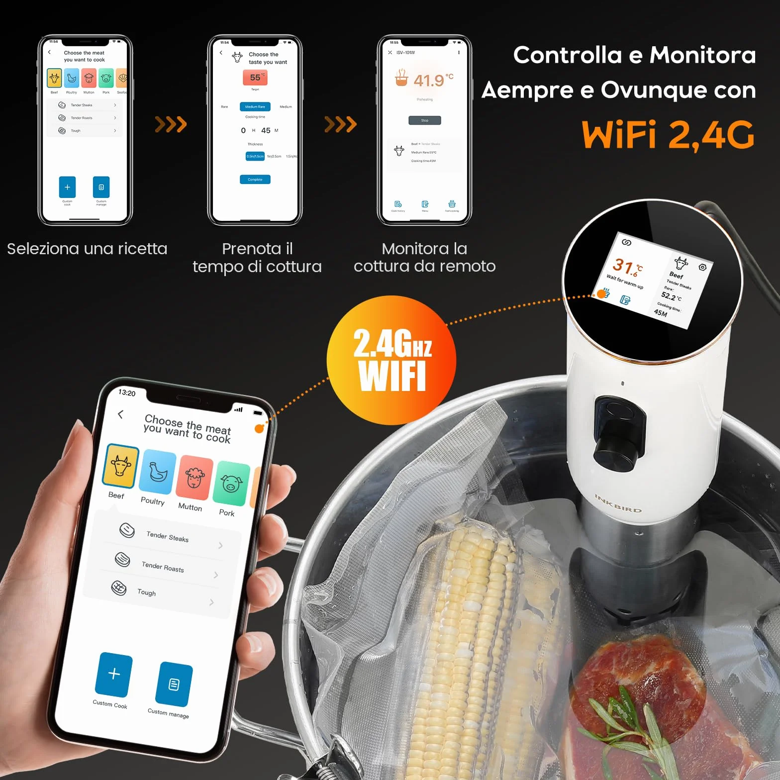 INKBIRD Wifi Sous Vide Roner 1000W 0-90℃ Cottura Bassa Temperatura TFT