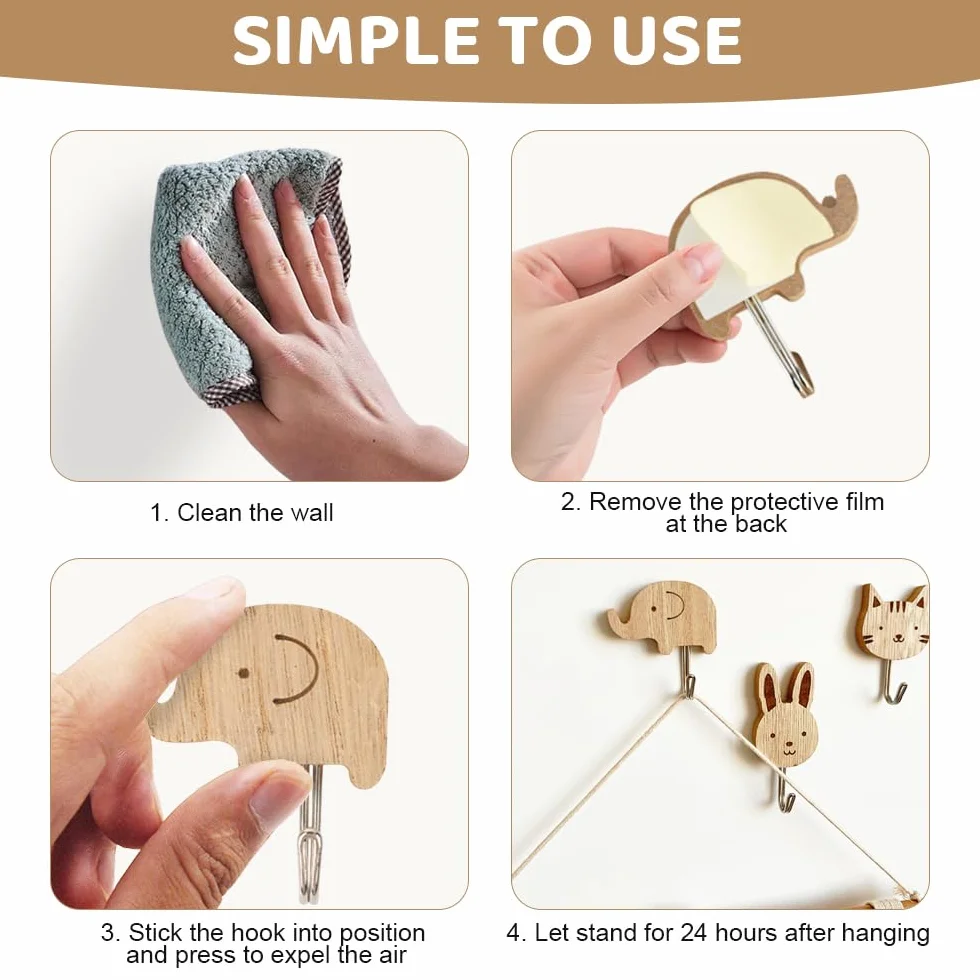Ganci Appendiabiti da Parete Adesivi Legno Animali, Set 6 Pezzi per Bagno Cucina Camera Bambini