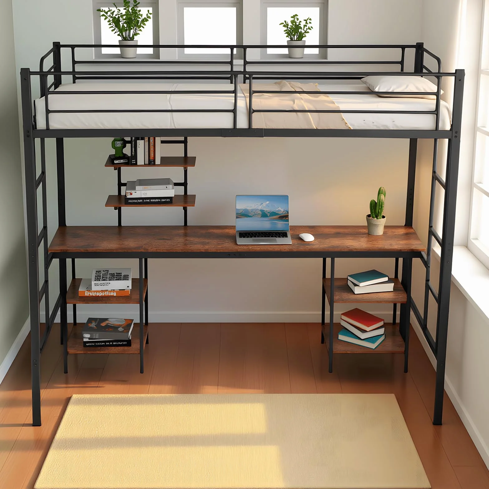 Letto a soppalco in metallo 90 x 200 cm, letto a soppalco con scrivania e librerie, Stile industriale, Letti per bambini, ragazzi e adulti, Nero