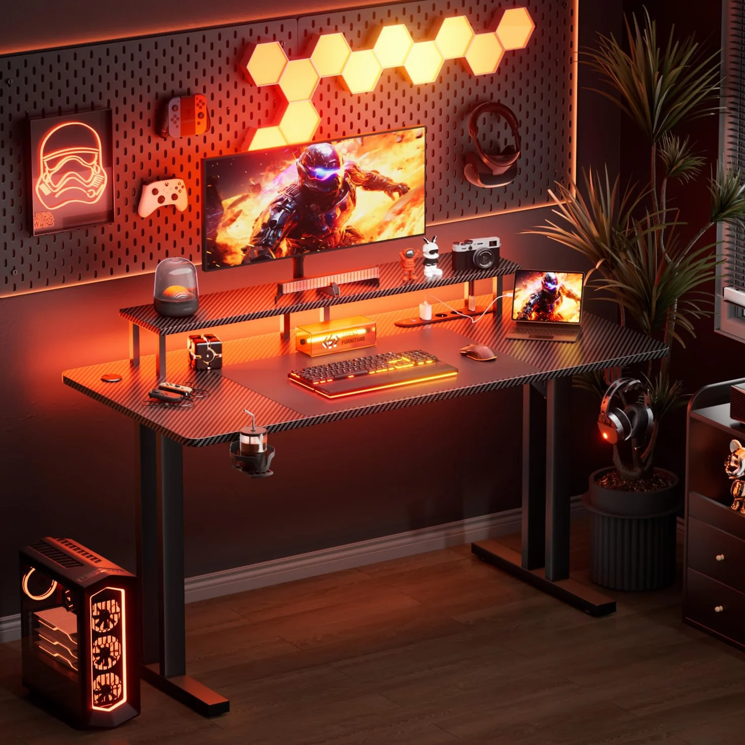 HLFURNIEU Scrivania Gaming LED 120 x 60 cm, Tavolo Gamer con Presa di Corrente e Supporto per Monitor, Postazione Gaming con Porta Bicchiere e Gancio per Cuffie, Superficie in Fibra di Carbonio, Nero