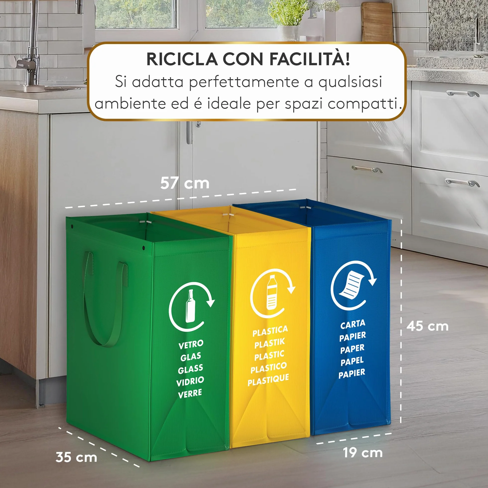 Borse Raccolta Differenziata - 3 Bidoni Differenziata da Interno ed Esterno per Carta, Plastica e Vetro - Set Pattumiera Differenziata 3 Scomparti - Pattumiera Sottolavello
