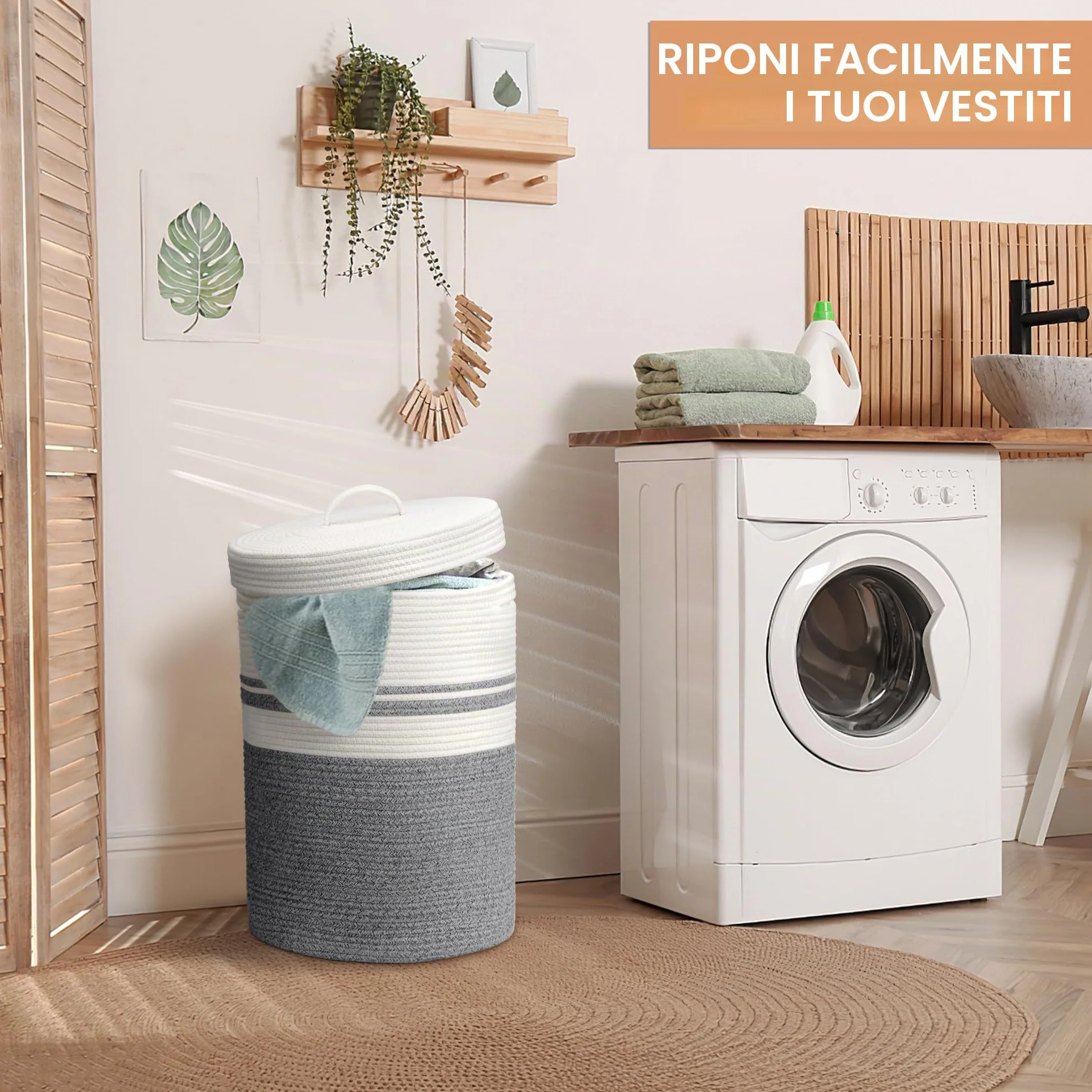 Cesto Portabiancheria con Coperchio Cesta in Corda di Cotone, Ideale per Bucato e Giochi Bambini, Cestone Portabiancheria e Cestino Biancheria Ceste Portaoggetti Bianco XXL(Grigio,37x52cm)