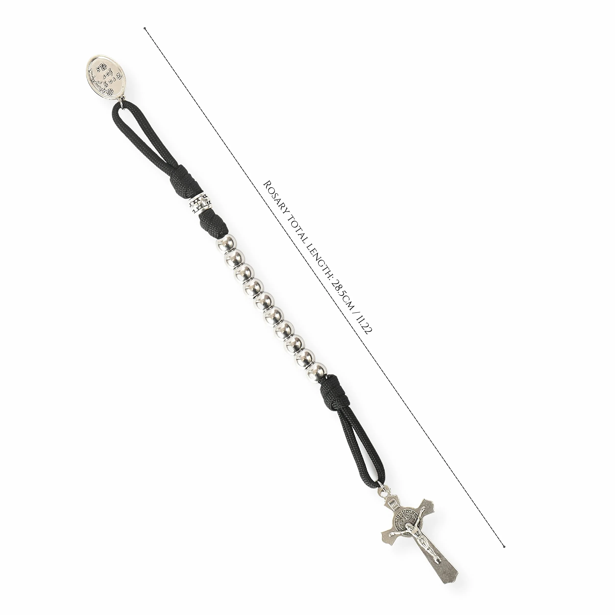 Nazareth Store Rosario militare di un decennio in paracord, perline d'argento, rosario tascabile per auto, prega per noi, medaglia di San Giuseppe e croce di San Benedetto.