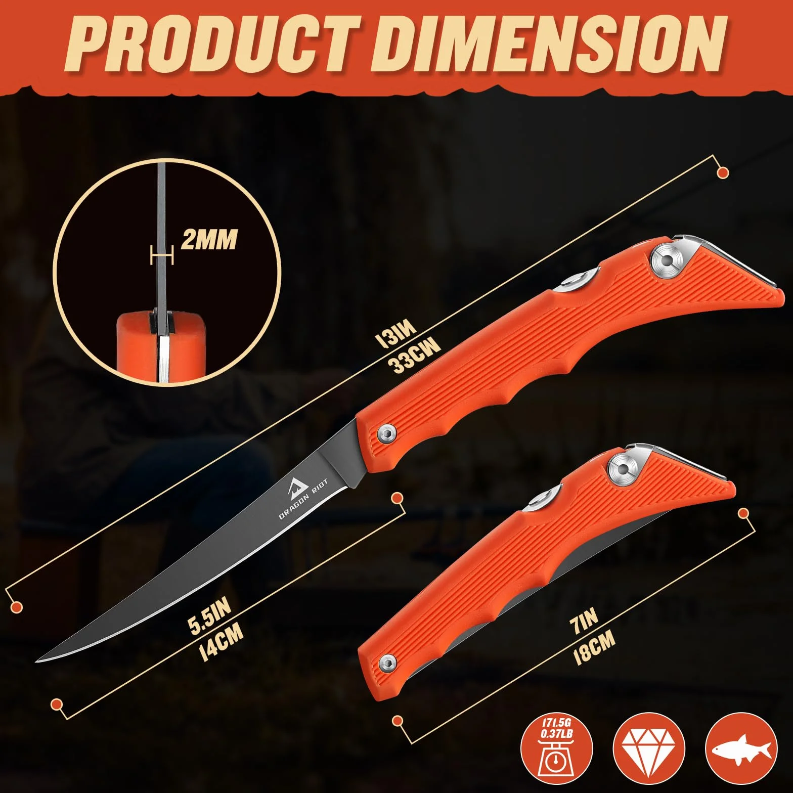 DRAGON RIOT Coltello Per Sfilettare Il Pesce Professionale, Coltello Da Pesca Pieghevole, Coltello Da Pesce In Acciaio Inox Con Manico Antiscivolo, Coltello Da Esterno Per Pesce E Carne