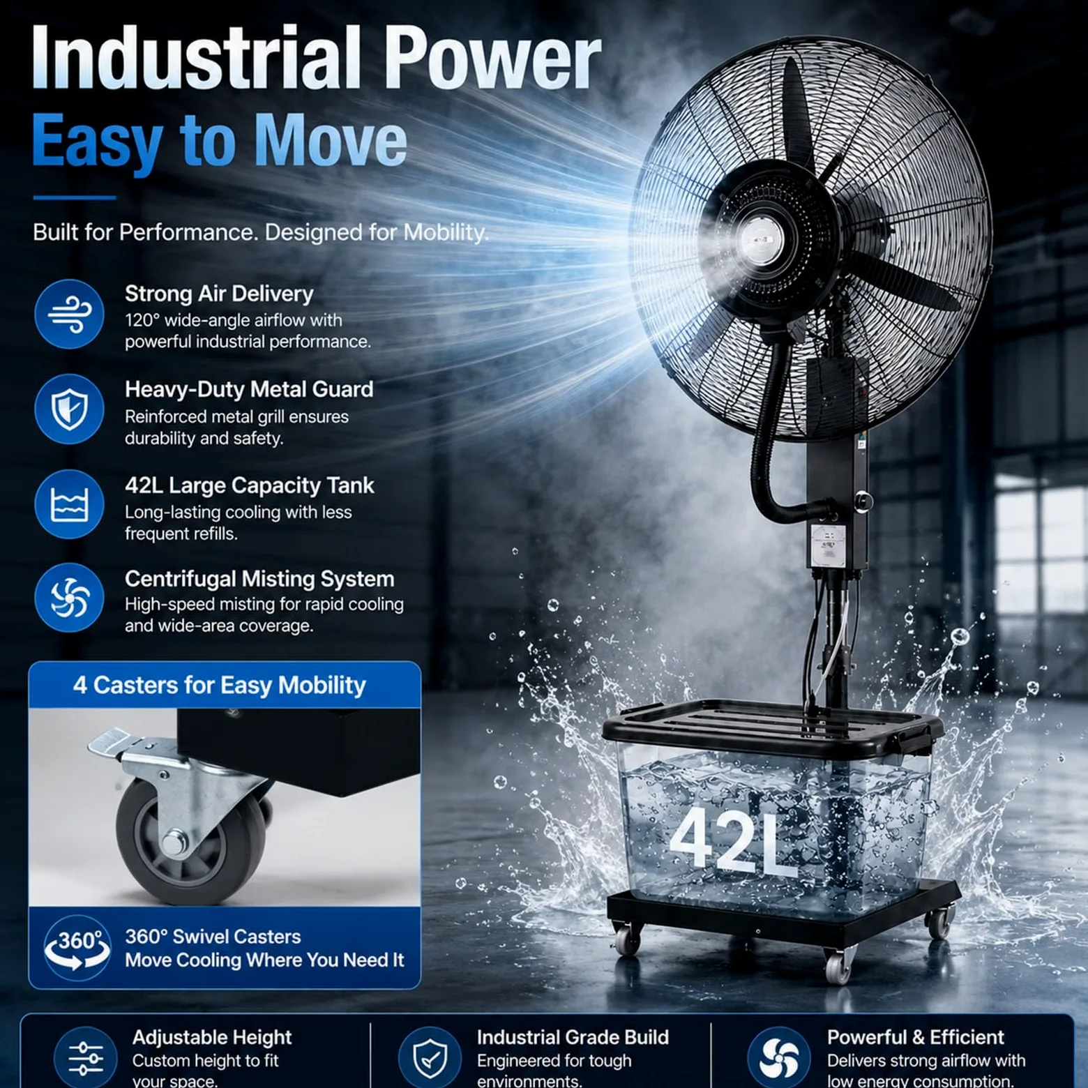 Ventilatore Industriale con Nebulizzazione ad Acqua, Ventilatore a Spruzzo ad Alta Potenza con Serbatoio da 42 Litri, Umidificatore Evaporativo Portatile su Ruote per Esterni, Terrazze e Capannoni