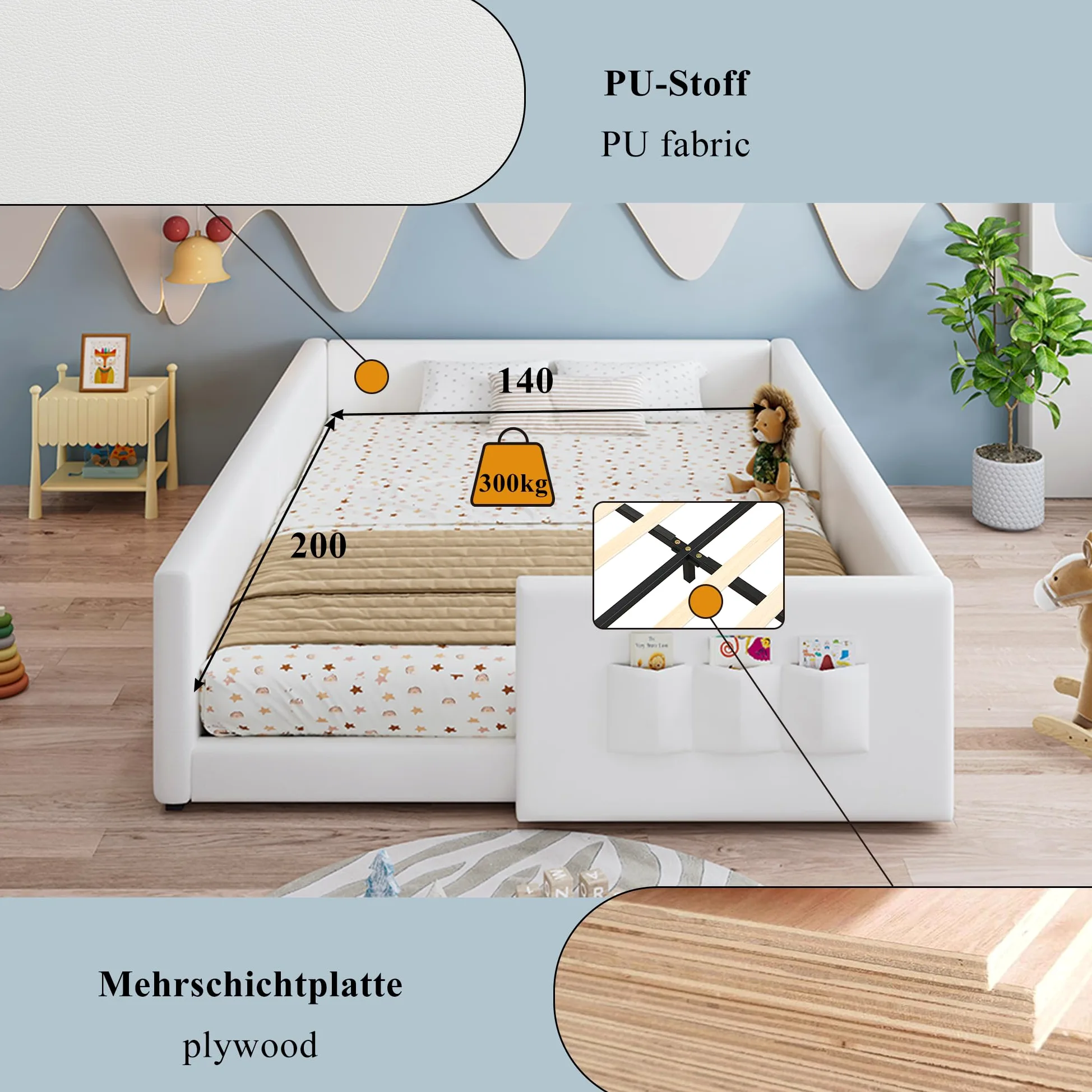 Montessori Letto a Terra per bambini 140 x 200cm, Letto imbottito PU con 3 pratiche tasche portaoggetti, Rete a doghe in Legno, letto Piazza e Mezza per Bambini(senza materasso)