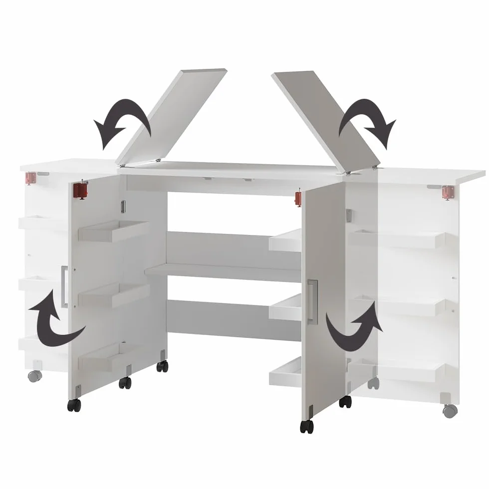 Vicco Tavolo da cucito Carmen Bianco 160x80.2 cm pieghevole con ruote