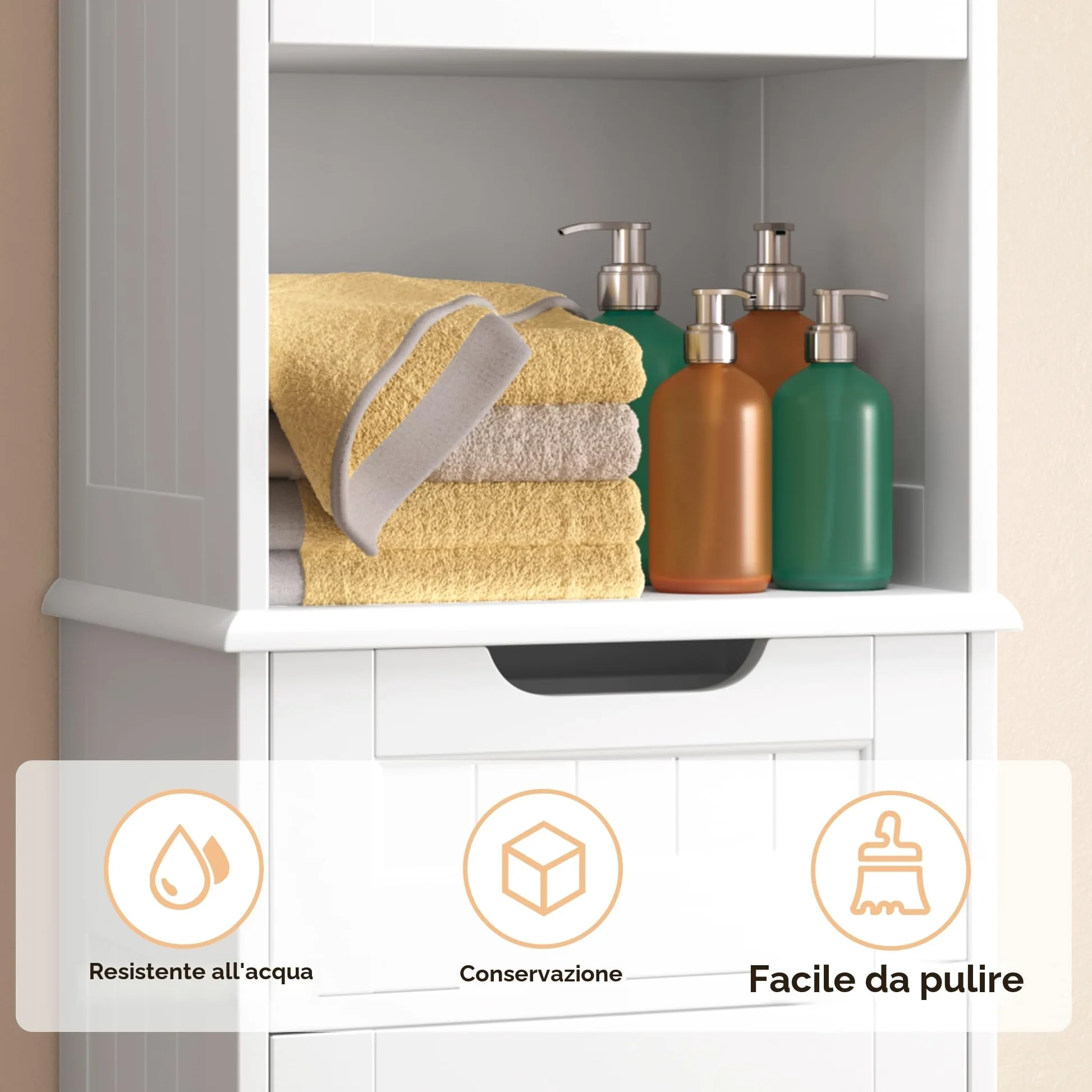 Mobiletto da Bagno Alto con Ripiani Regolabili, Cassetto, Scomparto Aperto, Porte Magnetiche e Protezione Antiribaltamento – 170 x 40 x 30 cm (Bianco)