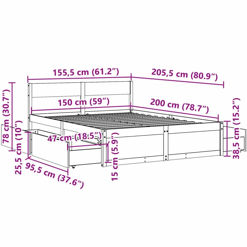 vidaXL Giroletto con Cassetti 150x200 cm in Legno Massello di Pino, giroletto con cassetti, arredo Camera da Letto, Letto Contenitore