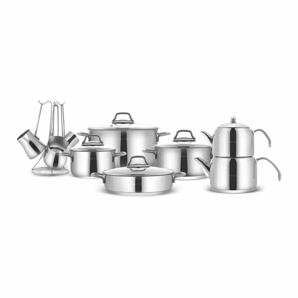Karaca Belgrado - Set di 15 padelle per matrimonio, in acciaio inox, teiera, set di pentole