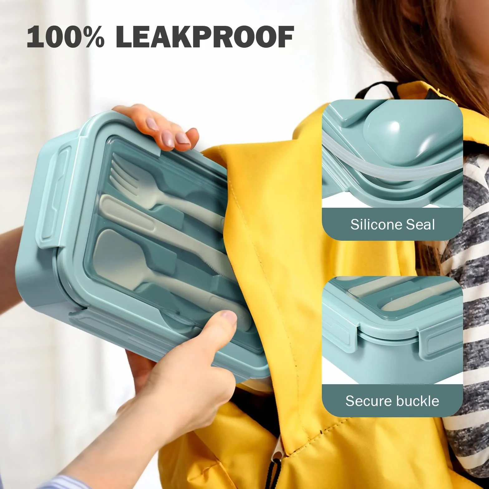 Diboniur Porta Pranzo 1400ml Lunch Box Bento con 3 Scomparti Ermetico per Microonde Ufficio Lavoro Picnic (Azzurro)
