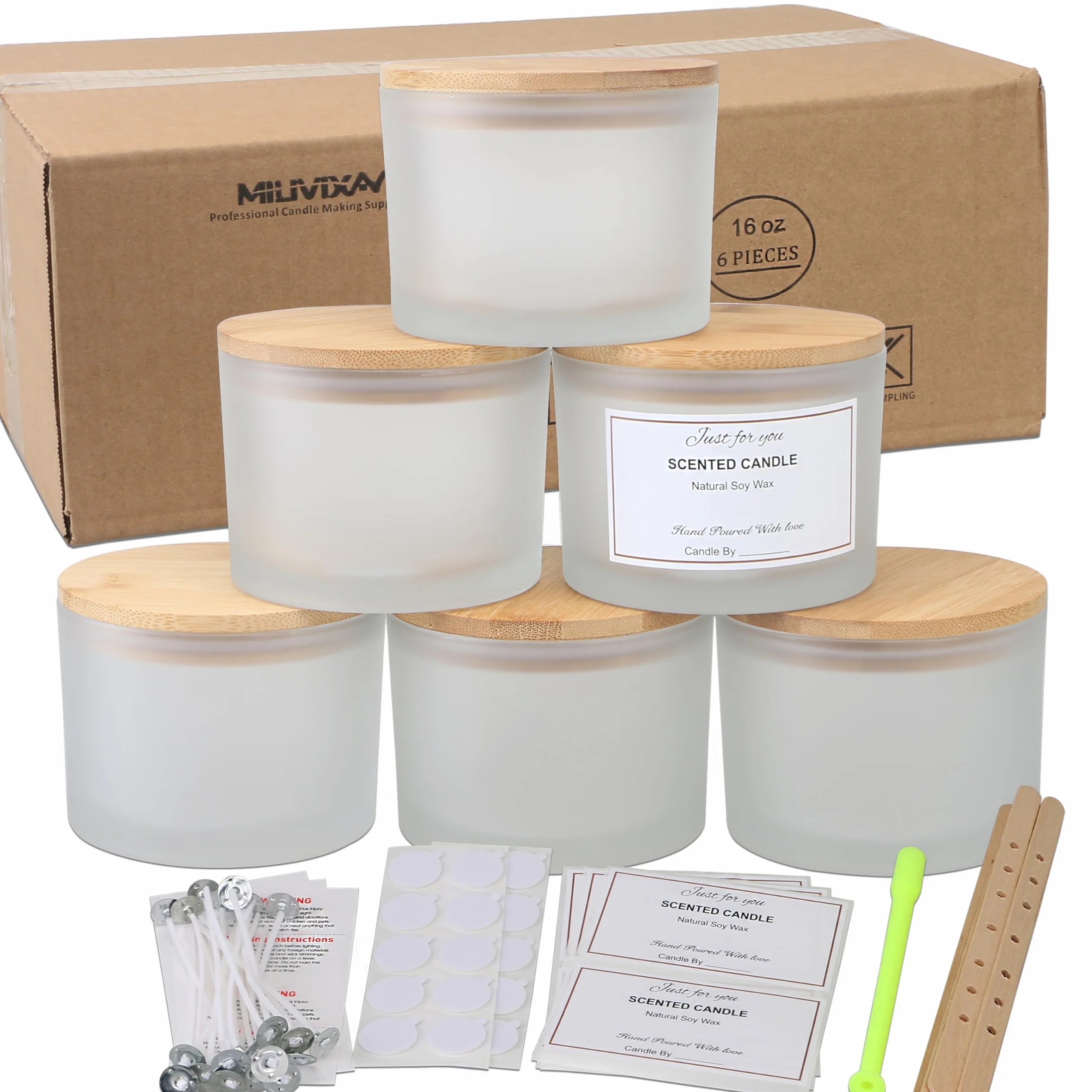 Confezione da 6 barattoli per candele da 16 once con coperchi in bambù e kit per la produzione