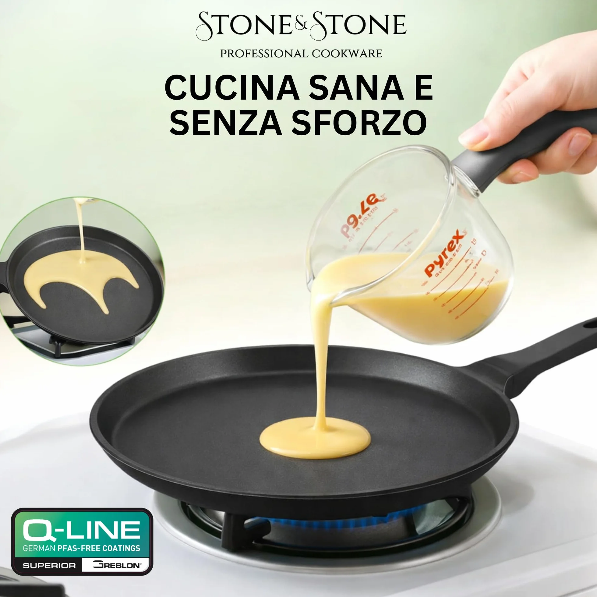 Stone&Stone Padella per Crepes e Pancake 26cm Antiaderente per Induzione e Gas | Crepiera con Rivestimento Ceramico Tedesco | Senza PFOA PFAS PTFE | Spatola e Stendi Pastella Inclusi