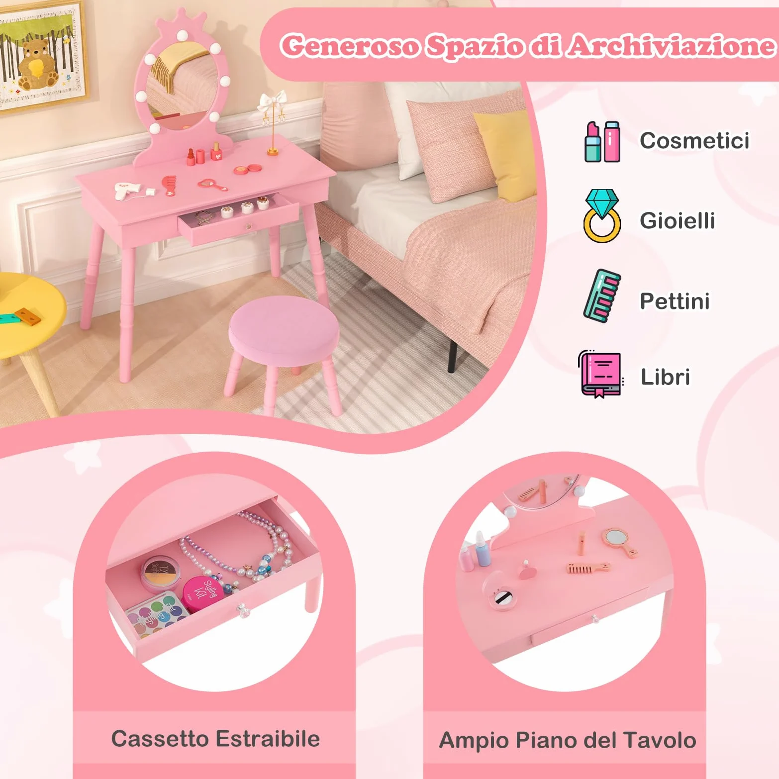 RELAX4LIFE Toeletta Trucco per Bambina con 7 Lampadine LED, 3 Colori di Luci, Specchiera Trucco con Sgabello, Toeletta in Legno, Specchio Rimovibile, per Bambini 3-7 Anni (Rosa)