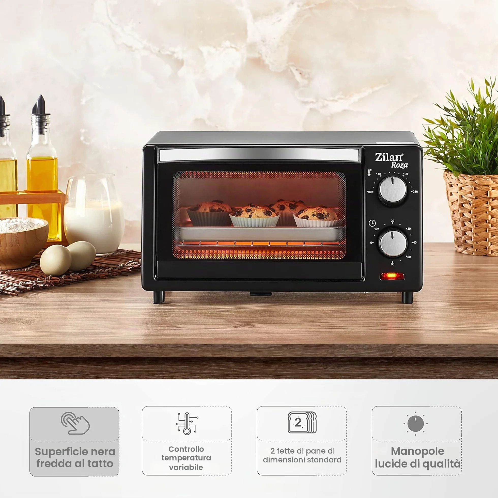 Forno Elettrico 9 Litri 800 Watt Doppio Vetro Timer Zilan
