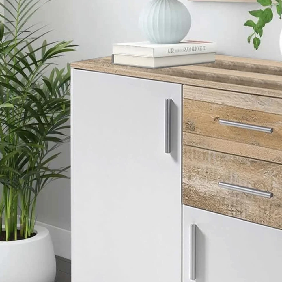 BAKAJI Mobile Madia con 2 Cassetti Doppia Anta e 2 Ripiani Interni Mobiletto Credenza Armadio Multiuso Cucina Bagno Ufficio Design Moderno Dimensioni 82x35x80cm (Bianco e quercia effetto legno)