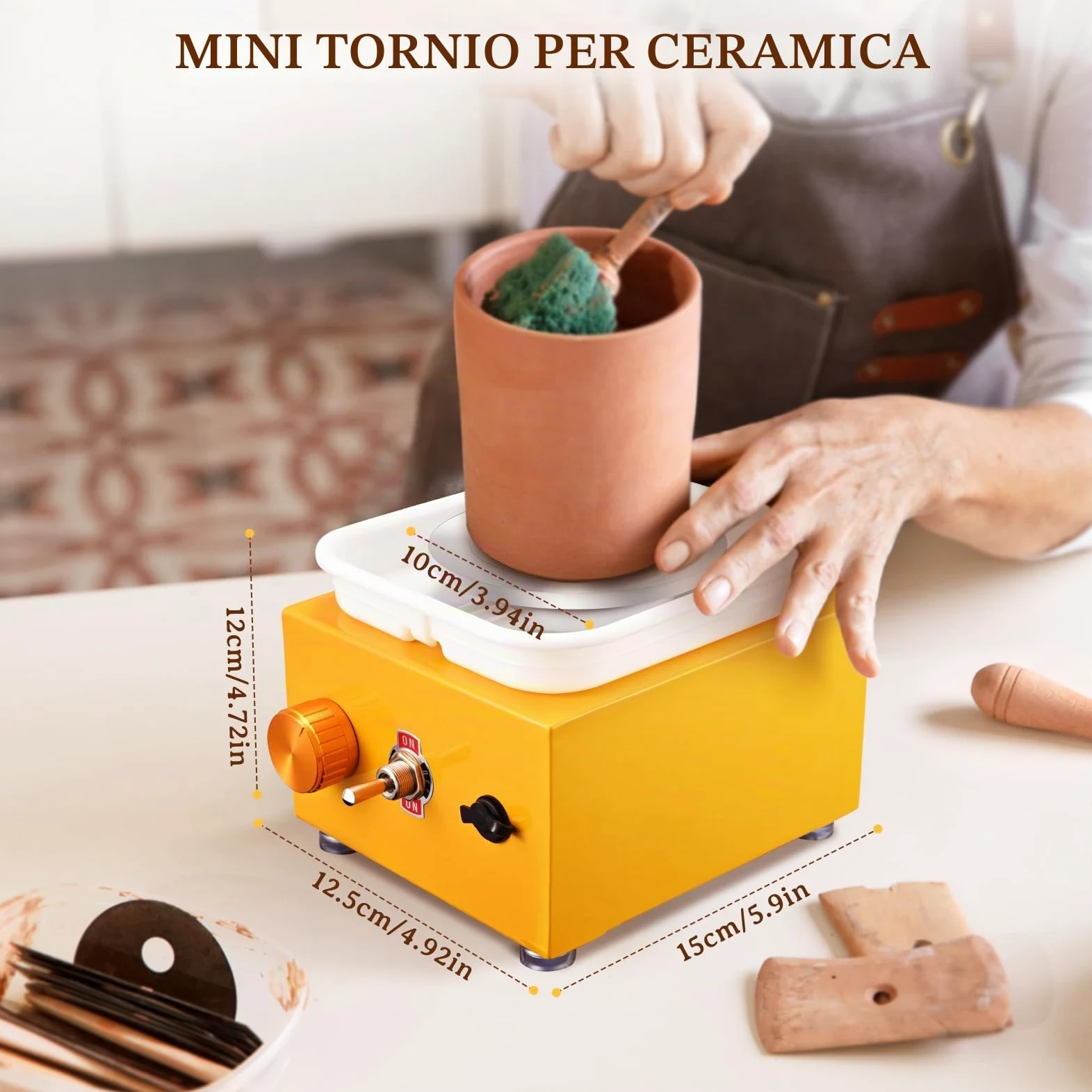 Tornio per Ceramica, Kooeuru Tornio per Argilla 2000 giri/min Velocità Regolabile con Piastre da 10/6,5 cm, Strumenti di Modellatura e Vasca Rimovibile, Tornio Ceramica per Bambini e Adulti, Giallo