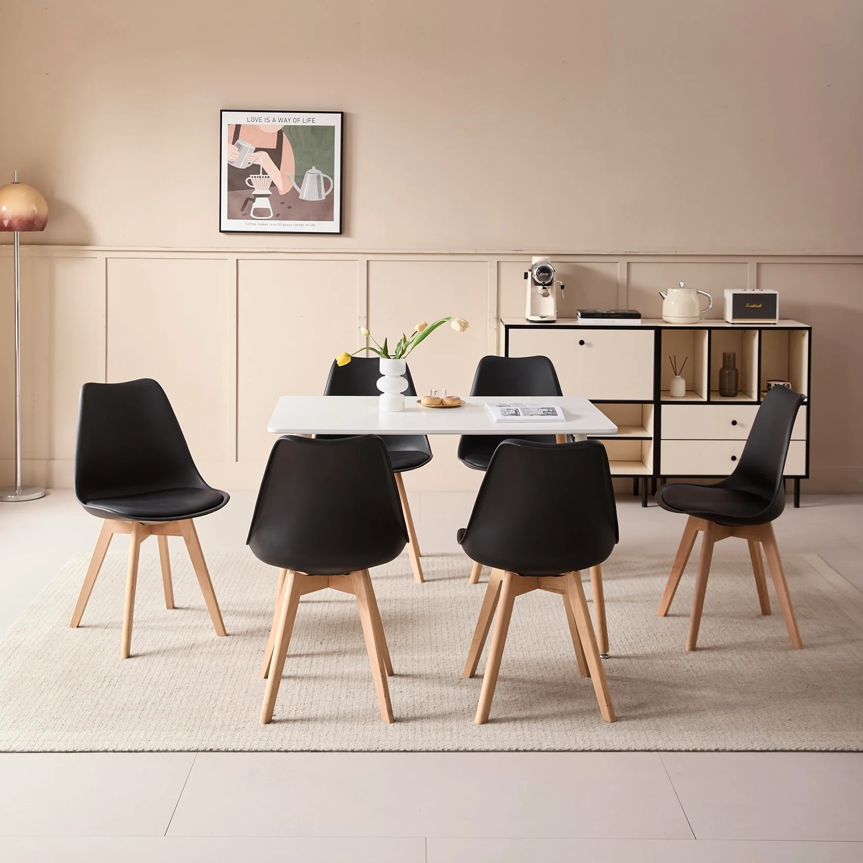 GrandCA HOME Tavolo da Pranzo Moderno e 6 Sedie da Pranzo, Tavolo da Cucina Rettangolare con Struttura di Giunzione (6 Sedie Nero+1 Tavolo)