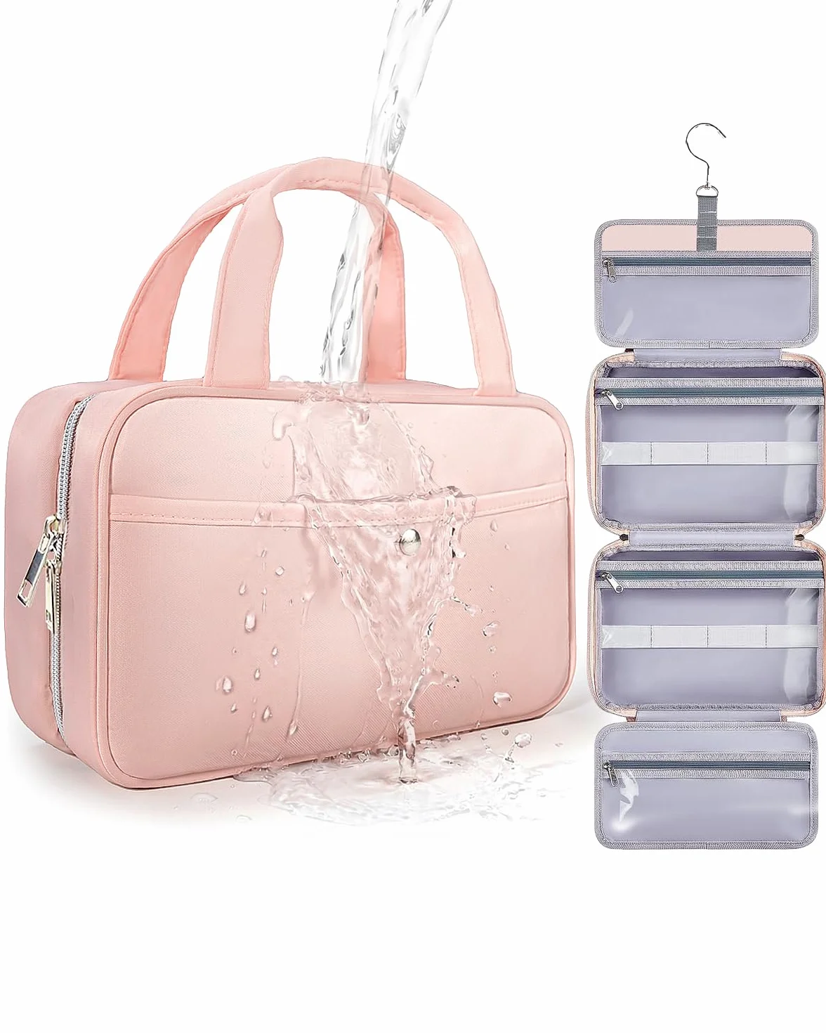 Appendere Beauty Case da Viaggio Donna – Organizer Pochette Trucchi Impermeabile con Finestra Trasparente, Borsa da Bagno Leggera per Essenziali, Trucco, Shampoo Rosa, Media