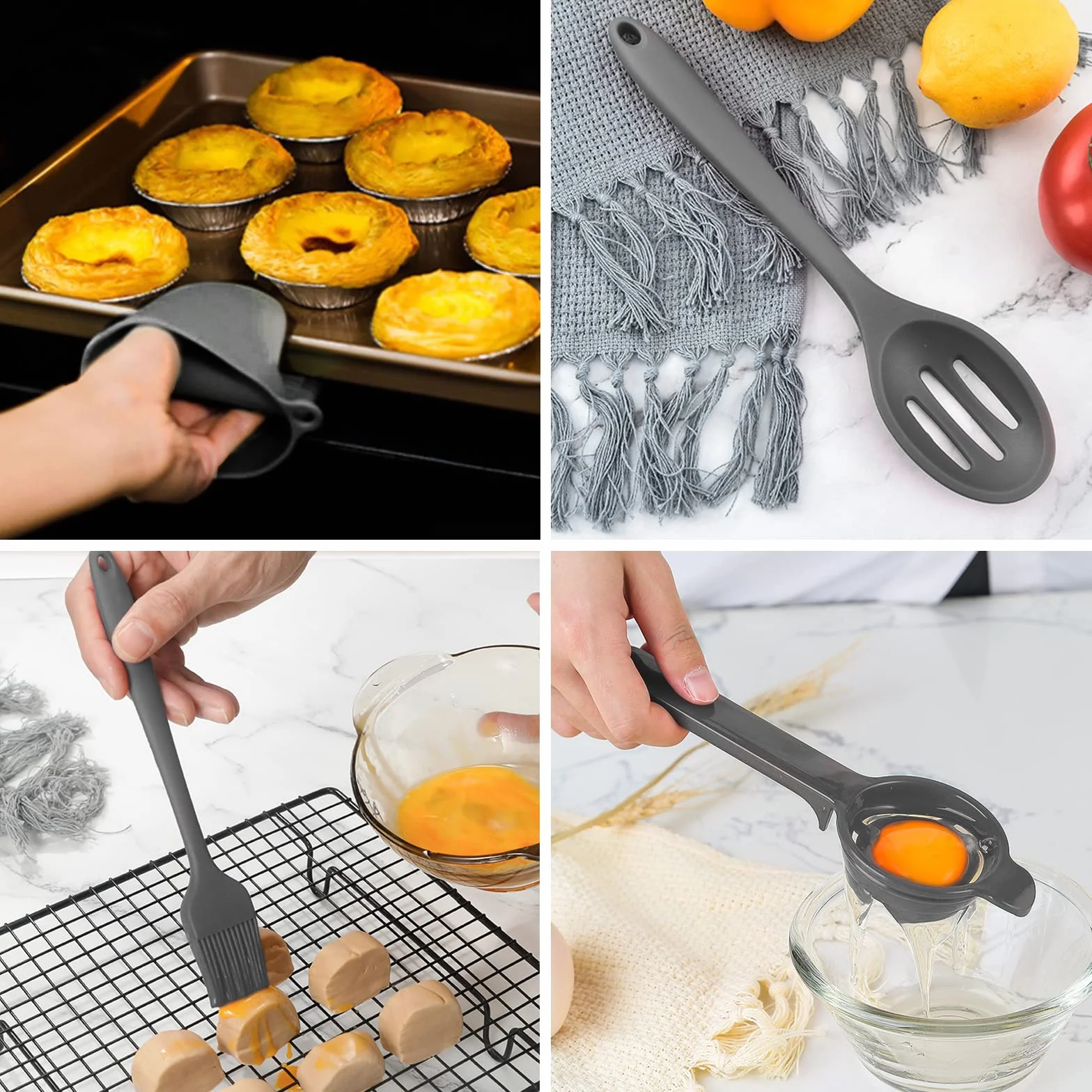 49pcs Set di Utensili da Cucina in Silicone con 20 Ami, 9 Misurini, 1 Secchio di Stoccaggio, Resistente al Calore Antiaderenti, con Ganci- Grigio Scuro